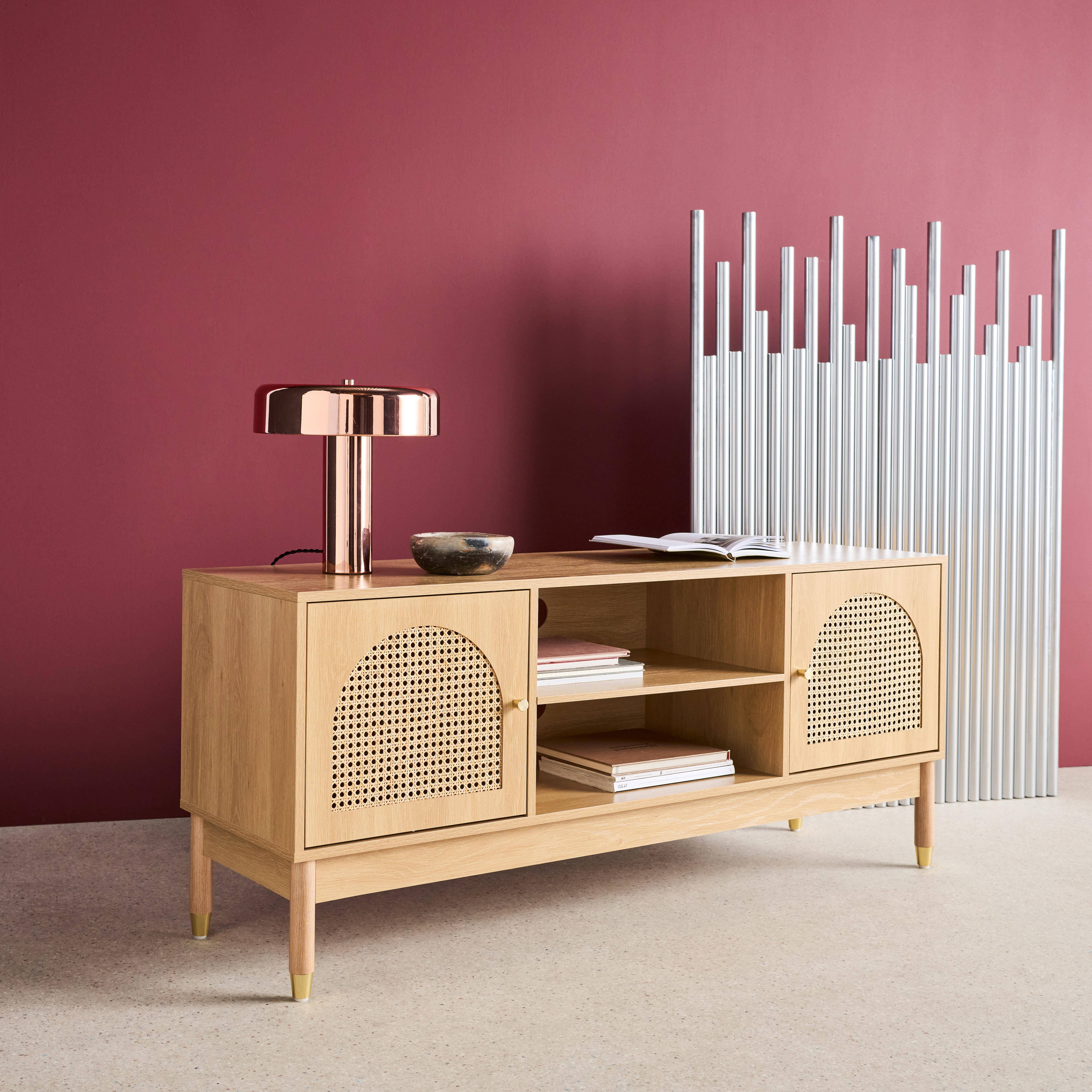 Judith - Mueble TV decoración madera y mimbre 2 puertas, 140cm