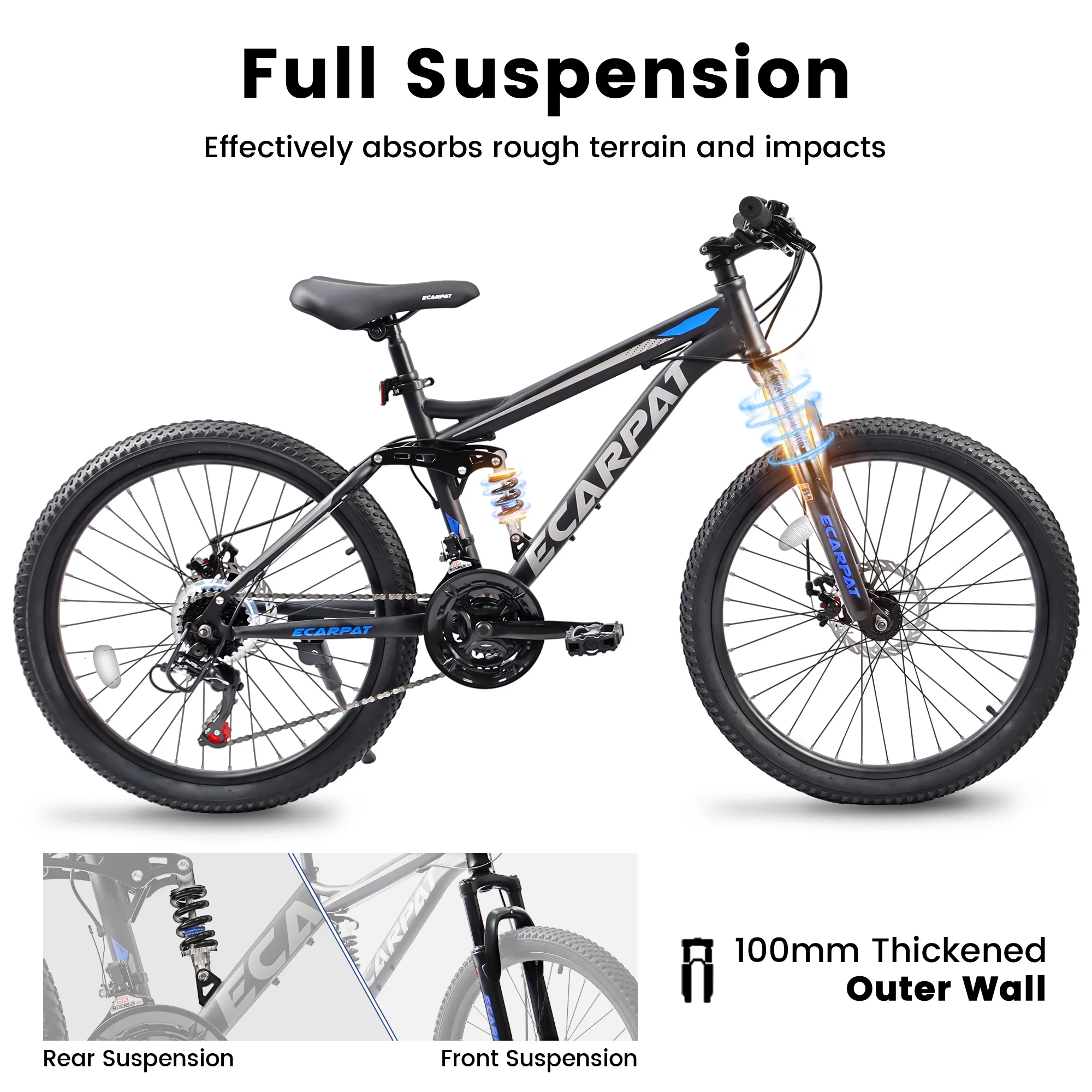 Mountain Bike 26 inch Wheels, 21-Speed Full Suspension Mens Womens Trail Commuter City Mountain Bike, Carbon Steel Frame Disc Brakes Thumb Shifter Front Fork Rear Shock Absorber Bicycles - Image 7