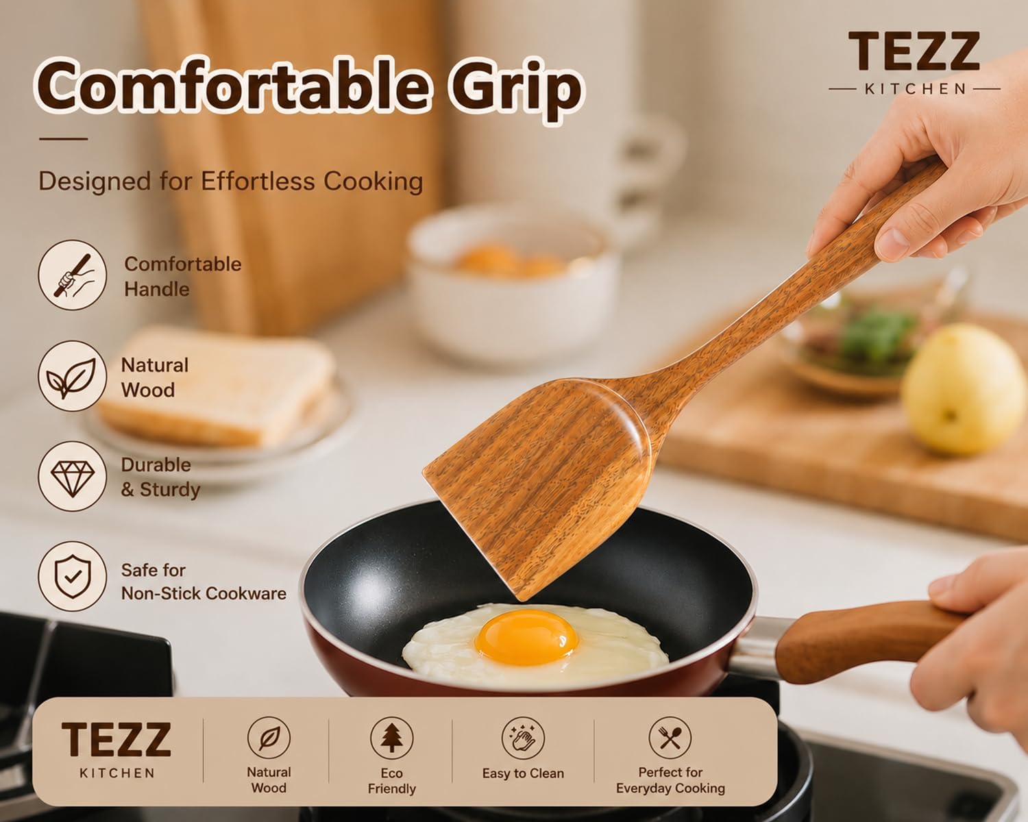 Wood Kitchen Utensils Set, 5 PCs Natural Acacia Wooden Spoons For Cooking for Non-stick Skillet, Utensil set For Cooking With Soup Ladle and Wok Spatulas, Salad fork, Spurtles for Cooking