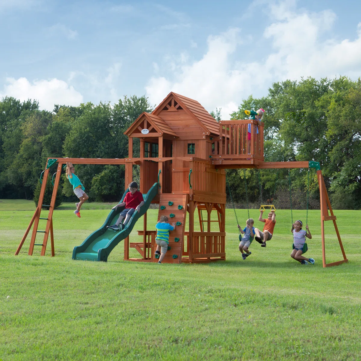 WAYFAIR Backyard Discovery Skyfort II Cedar Wood Swing Set With Wave Slide, Clubhouse, Crow'S Nest, And Monkey Bars