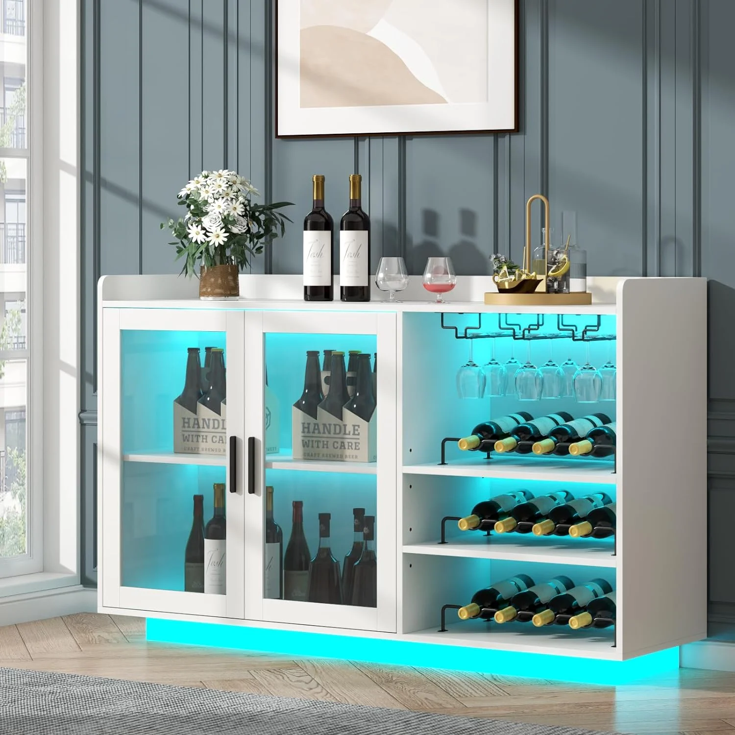 Wine Bar Cabinet with LED Lights, Floating Coffee Bar with Glass Rack and Removable Wine Racks, Modern Buffet Sideboard with Storage Shelves, Kithchen Bar with Glass Cabinet Doors - Image 10