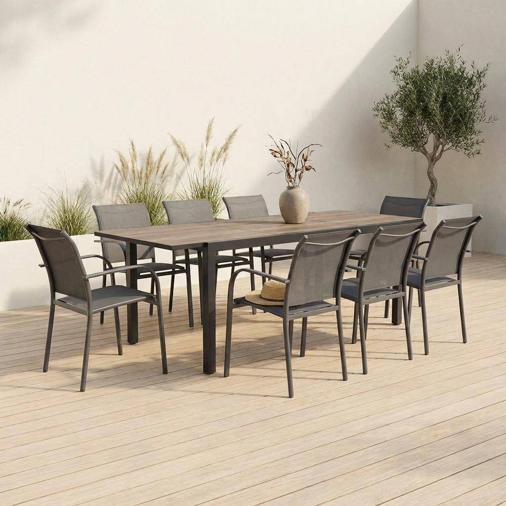 Nashville 240 + Amara - Conjunto mesa de jardín extensible de aluminio efecto madera con 8 sillas
