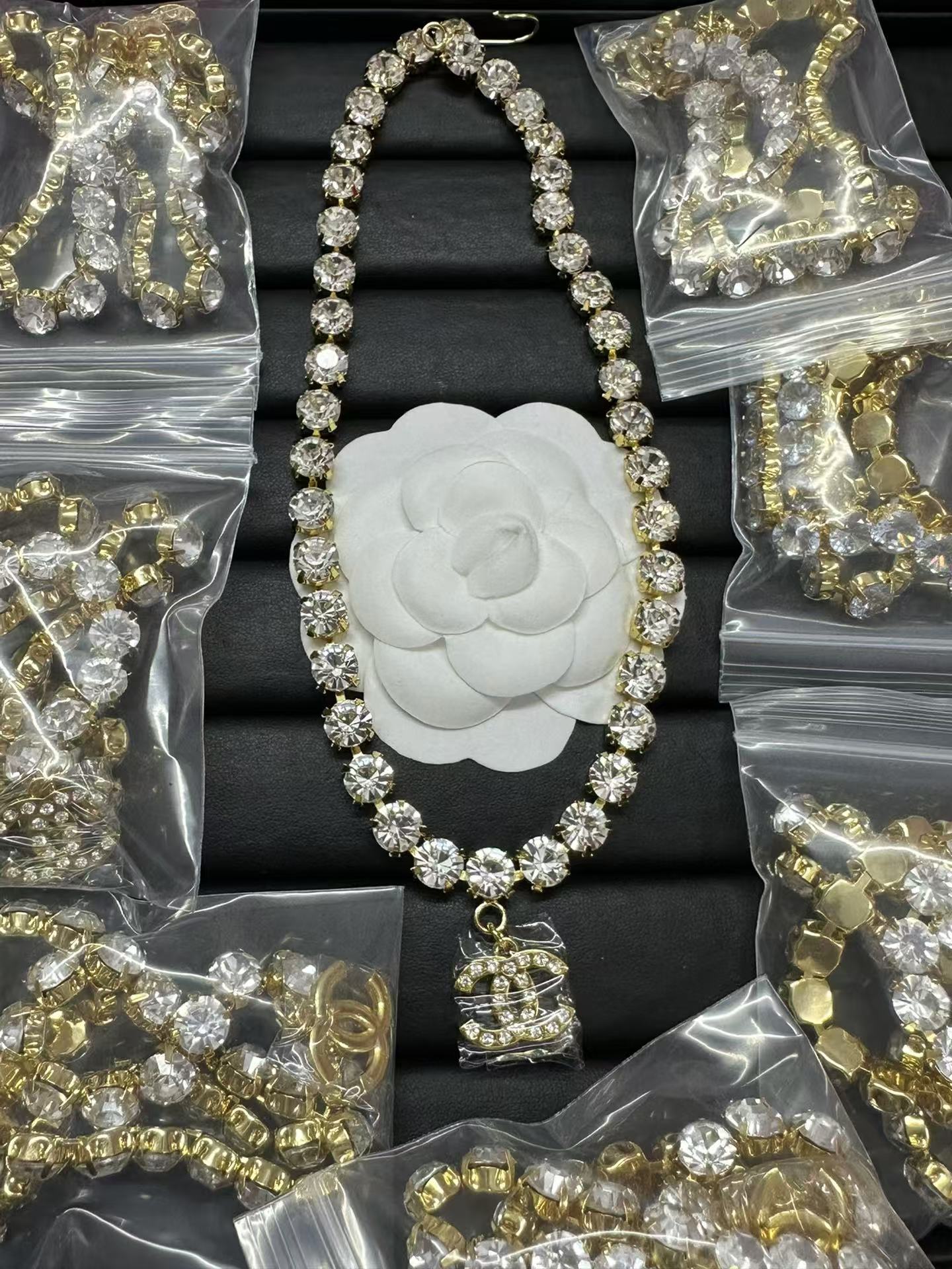 Chanel Logo Pendant Rhinestone Strass Chain Necklace - Original Replica Club