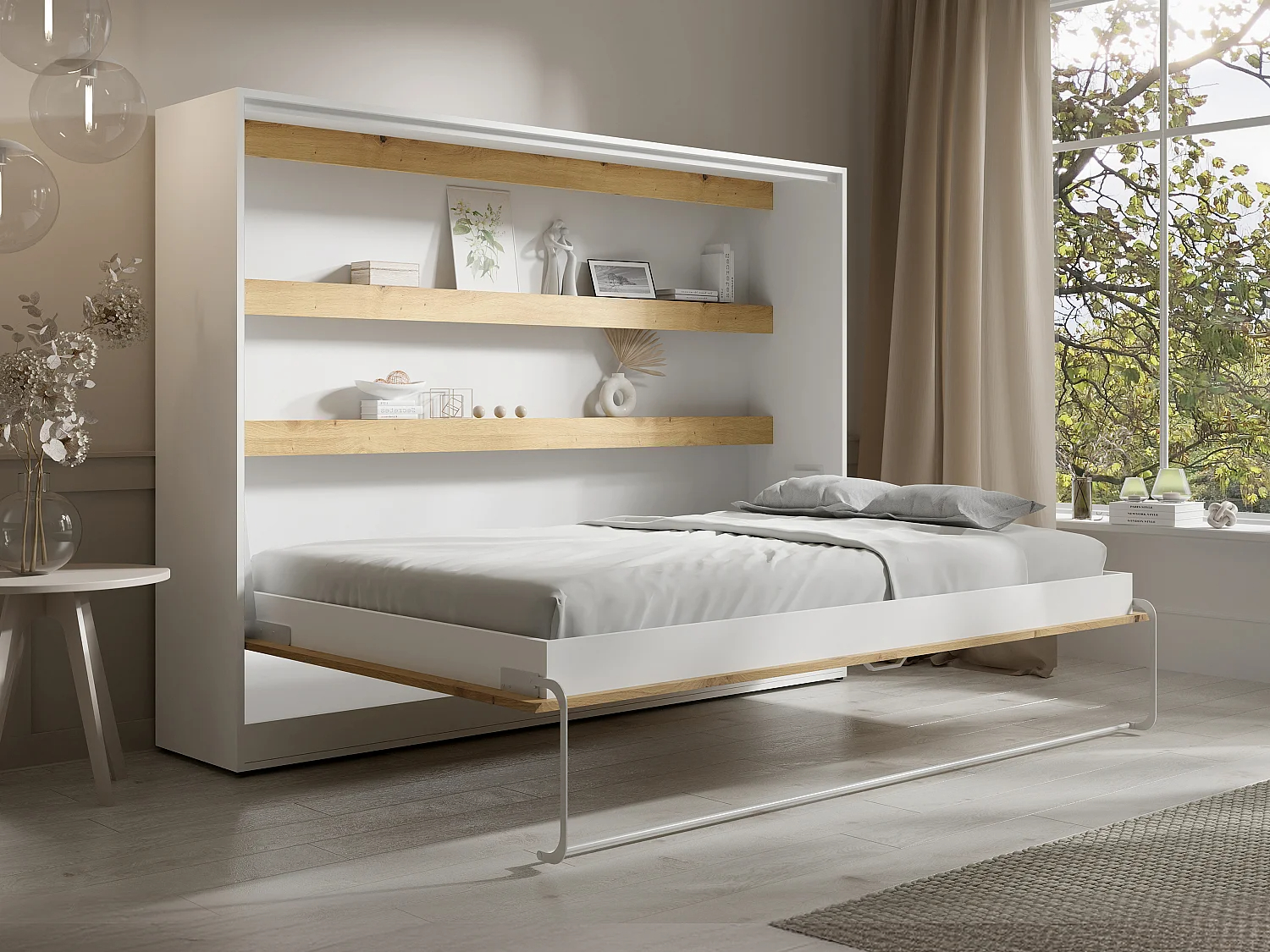 Cama abatible 140 x 200 cm - Apertura horizontal manual - Con LEDs - blanco y natural - RAPILI