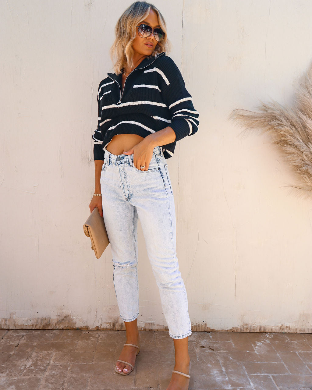 Reese Cotton Striped Half Zip Pullover Sweater - SALE - Se7enfashion