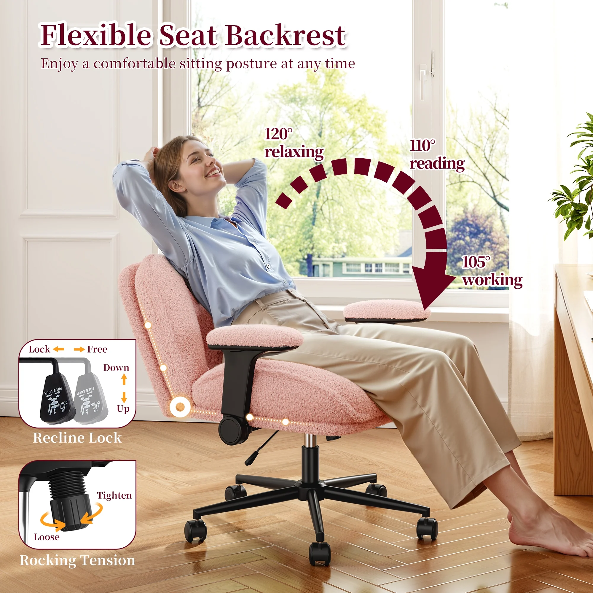 Romorgniz Criss Cross Chair with Adjustable Arms & Lumbar Support Office Chair with Reclining Back, Thick Cushion & Wheels for Office, Gaming, Reading, Vanity, Off-White - Image 27