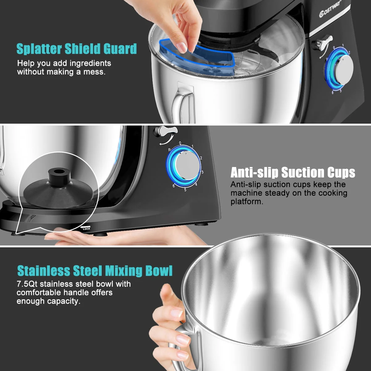 Costway Tilt-Head Stand Mixer 7.5 Qt 6 Speed 660W with Dough Hook, Whisk & Beater Black - Image 9