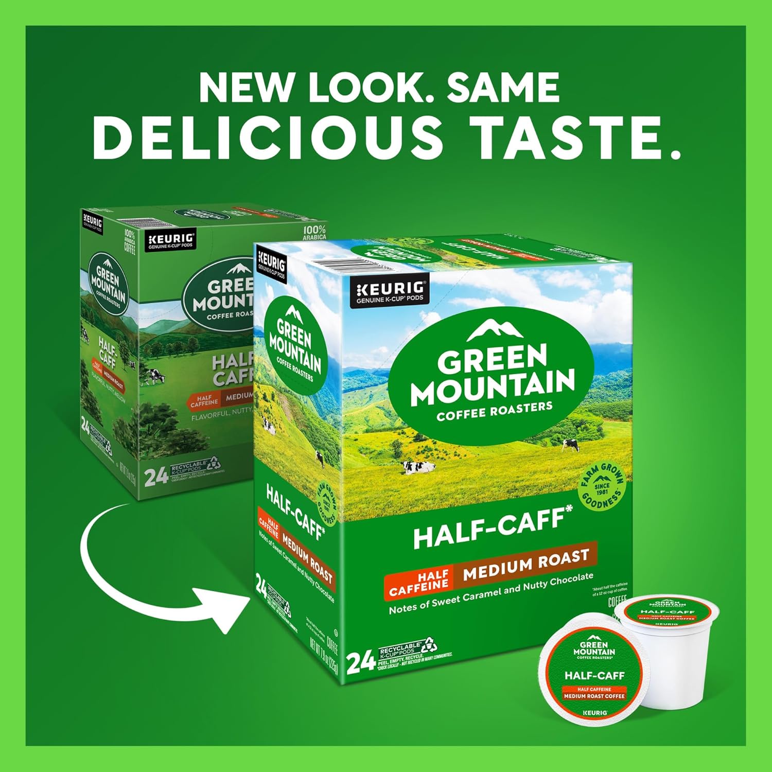 Green Mountain Coffee Roasters Half Caff Coffee. Keurig Single-Serve K-Cup pods. Medium Roast. 96 Count