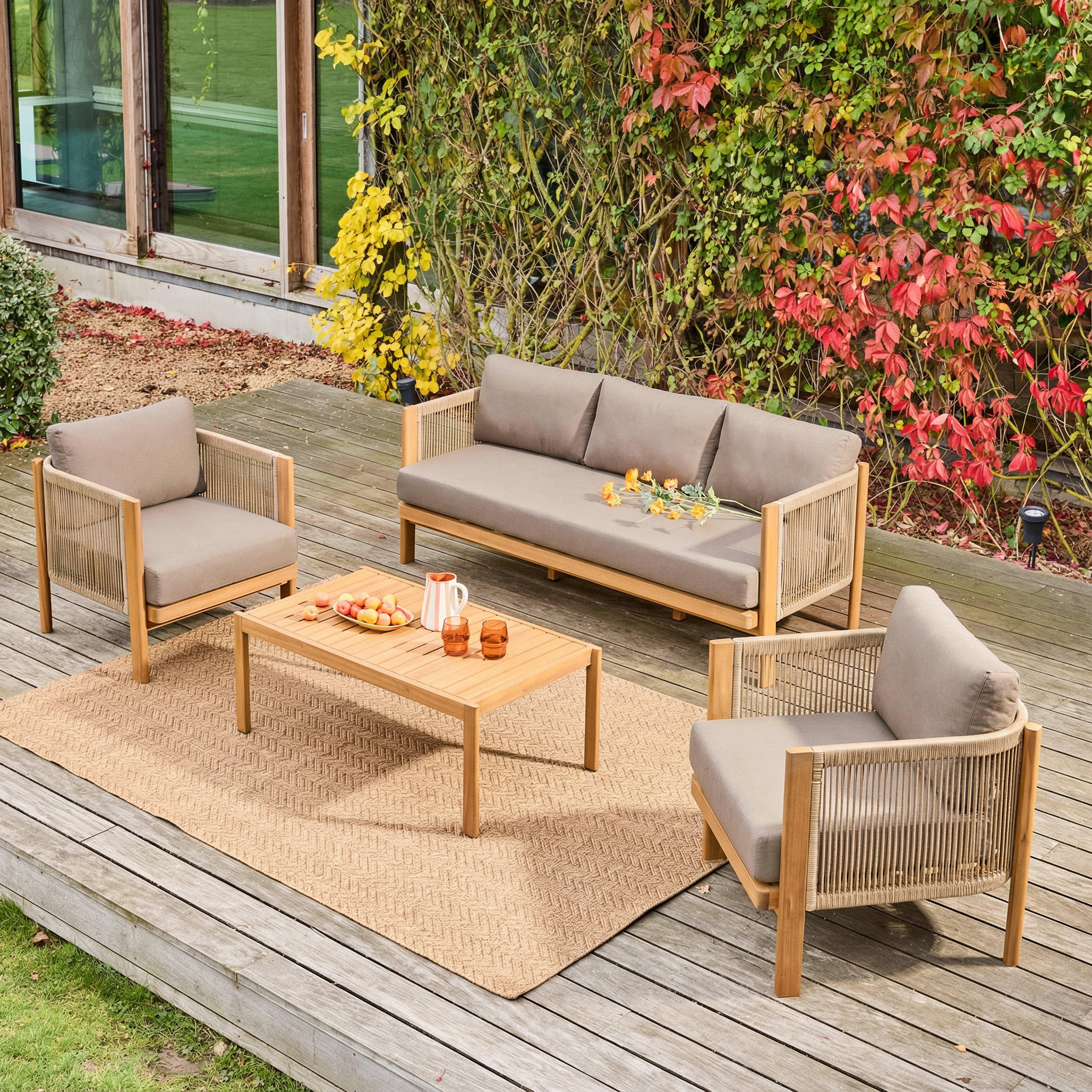 Elomi - Conjunto de muebles de jardín de acacia y cuerdas para 5 plazas