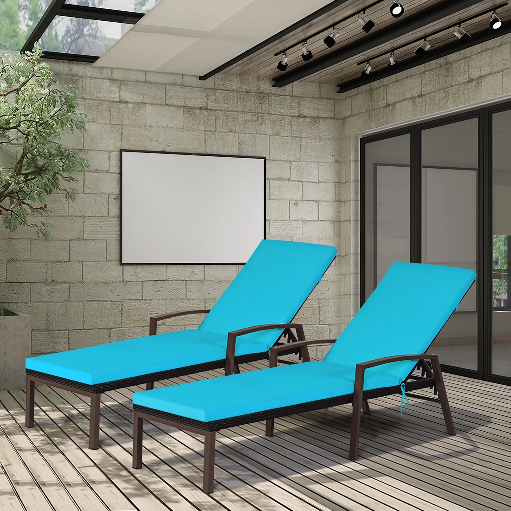 Costway 2PCS Patio Rattan Lounge Chair Chaise Recliner Back Adjustable Cushioned Red - Image 15