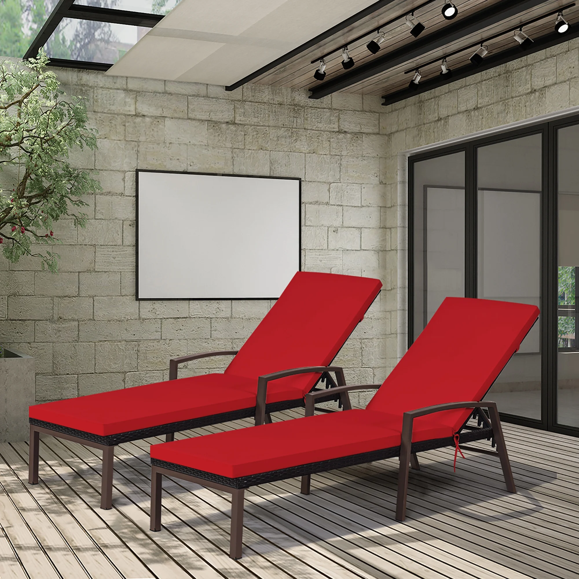 Costway 2PCS Patio Rattan Lounge Chair Chaise Recliner Back Adjustable Cushioned Red - Image 5