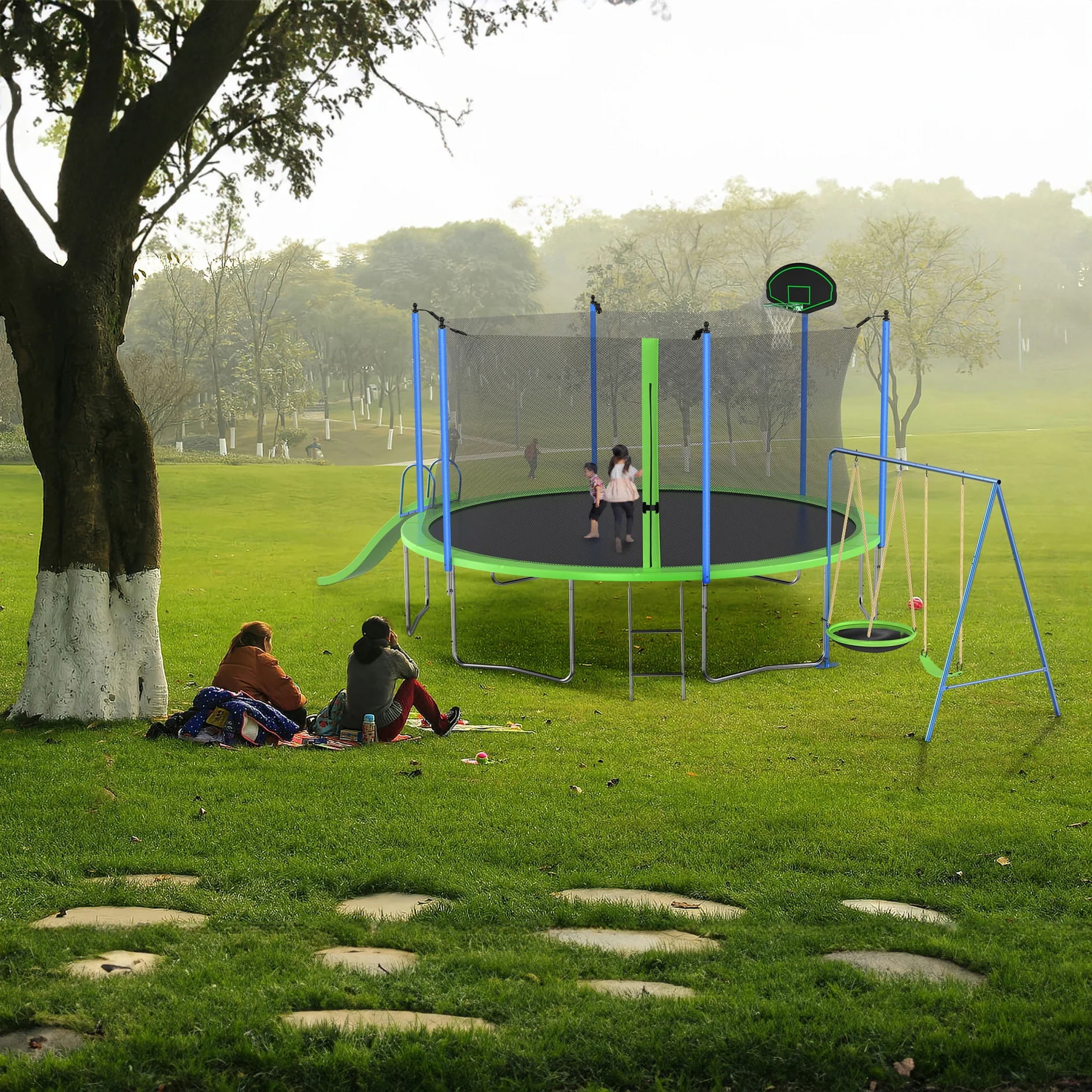 12FT Trampoline with Slide and Swings, Large Outdoor Backyard Trampoline with Basketball Hoop and Ladder for Kids and Adults - Image 11