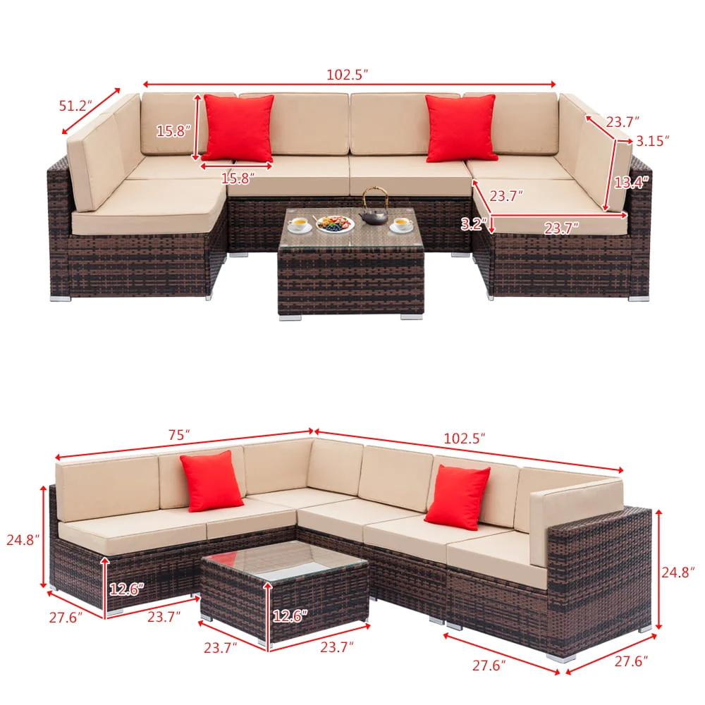 Wicker Patio Sofa Sets, 7 Pieces Outdoor Seating Sets, Lounge Sofa and Tempered Glass Coffee Table, Deck Front Garden Furniture Set, Brown Rattan + Beige Cushion - Image 7