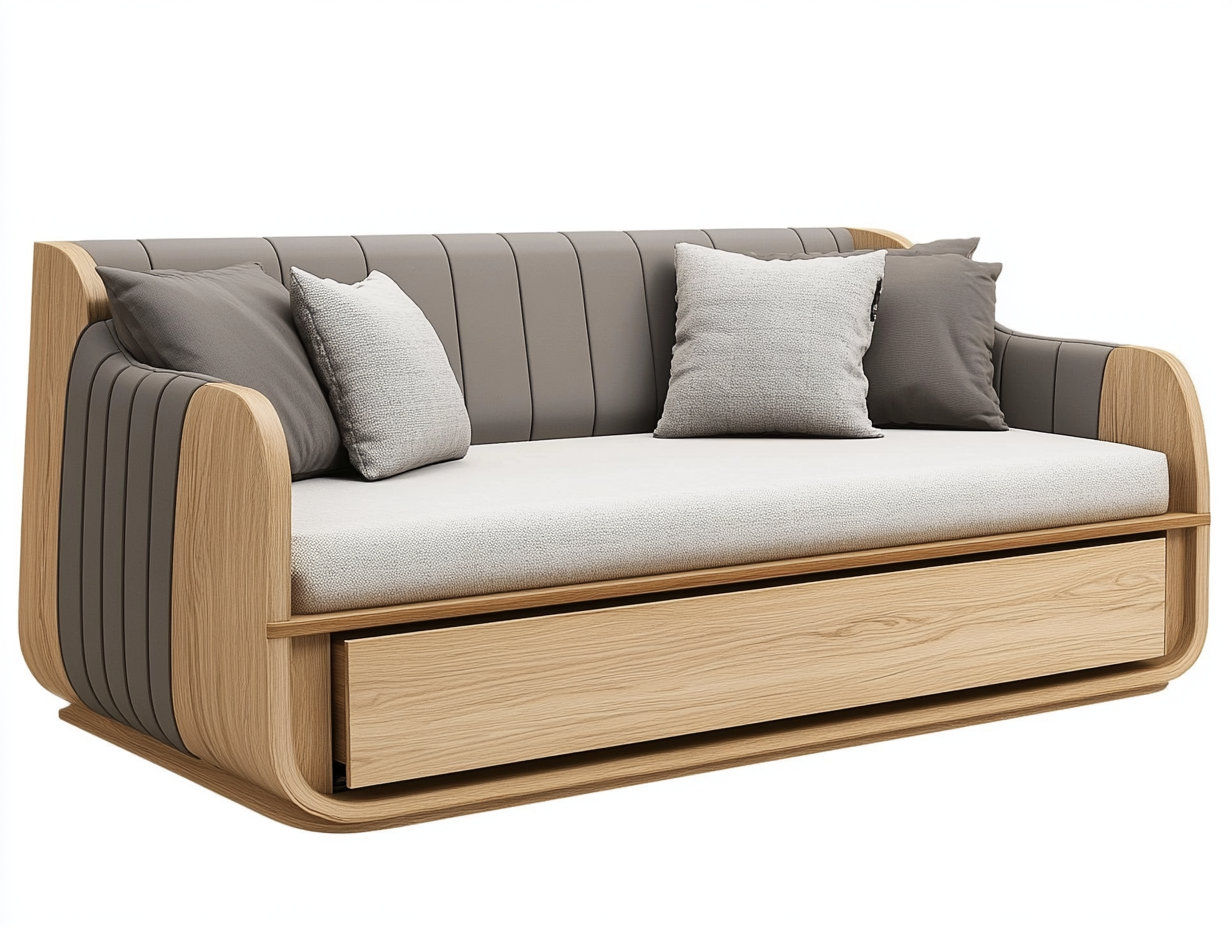 Sofá cama madera clara y gris cuero sintético salón dormitorio 200x90x85 cm