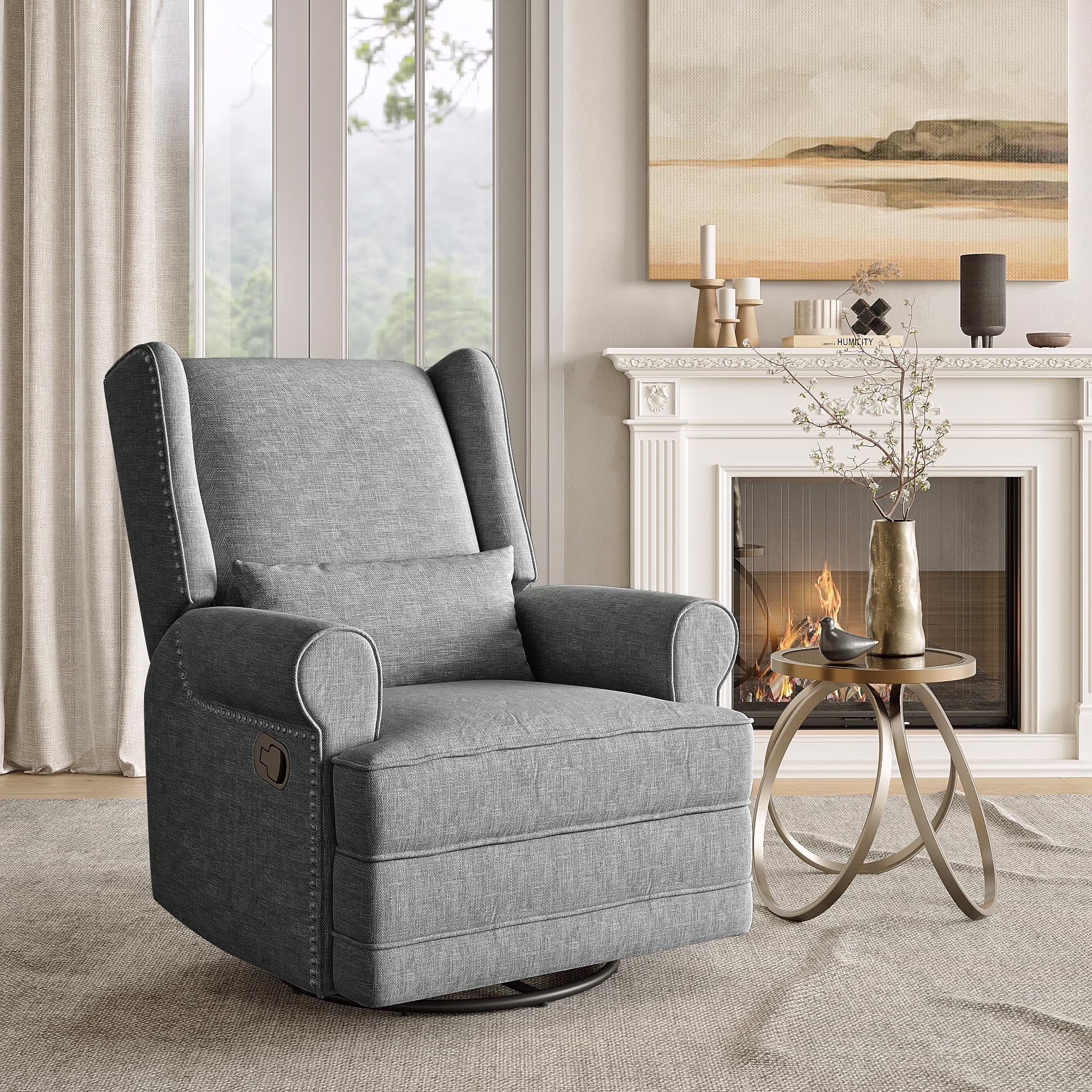 Royalcraft Swivel Nursery Glider Recliner, Comfy Upholstered Glider Chair with Lumbar Pillow and Footrest, Beige - Image 3
