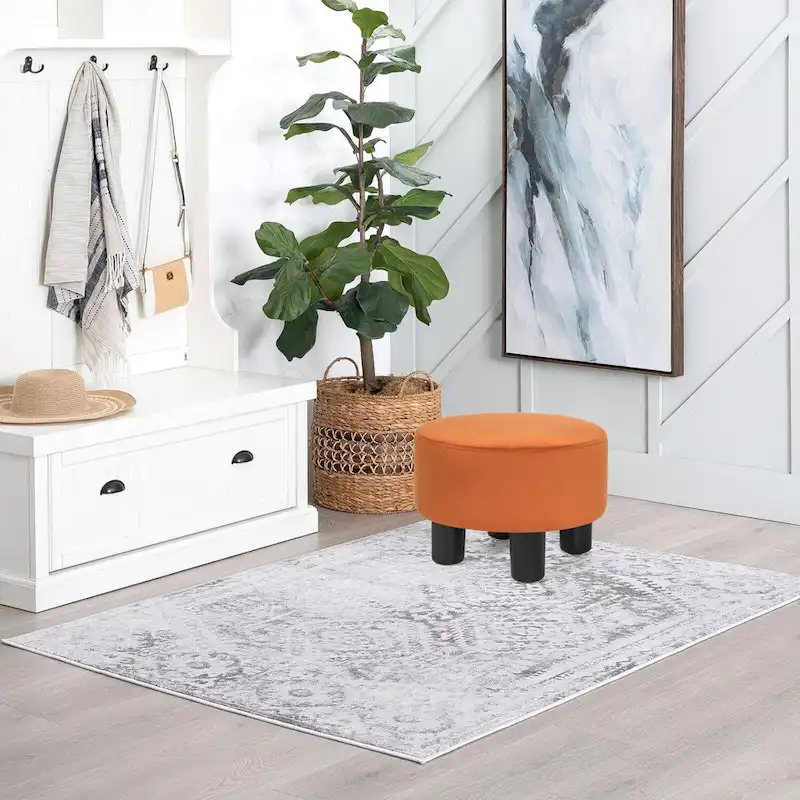 Adeco Modern Velvet Round Ottoman Footrest Stool with Padded Seat