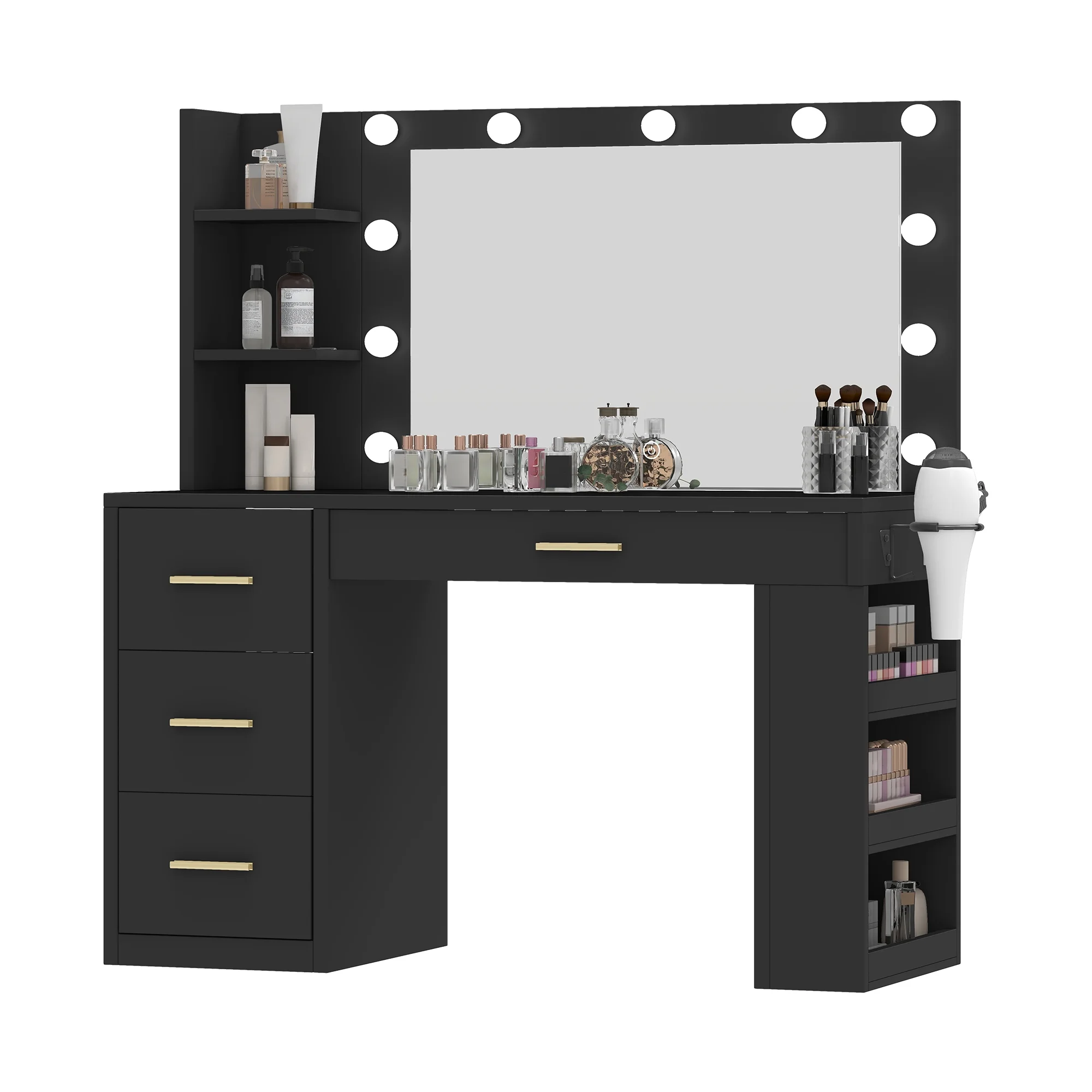Uforic Makeup Vanity Desk with Mirror & Lights, Vanity Desk with 4 Drawers & Storage Shelves - White - Image 13