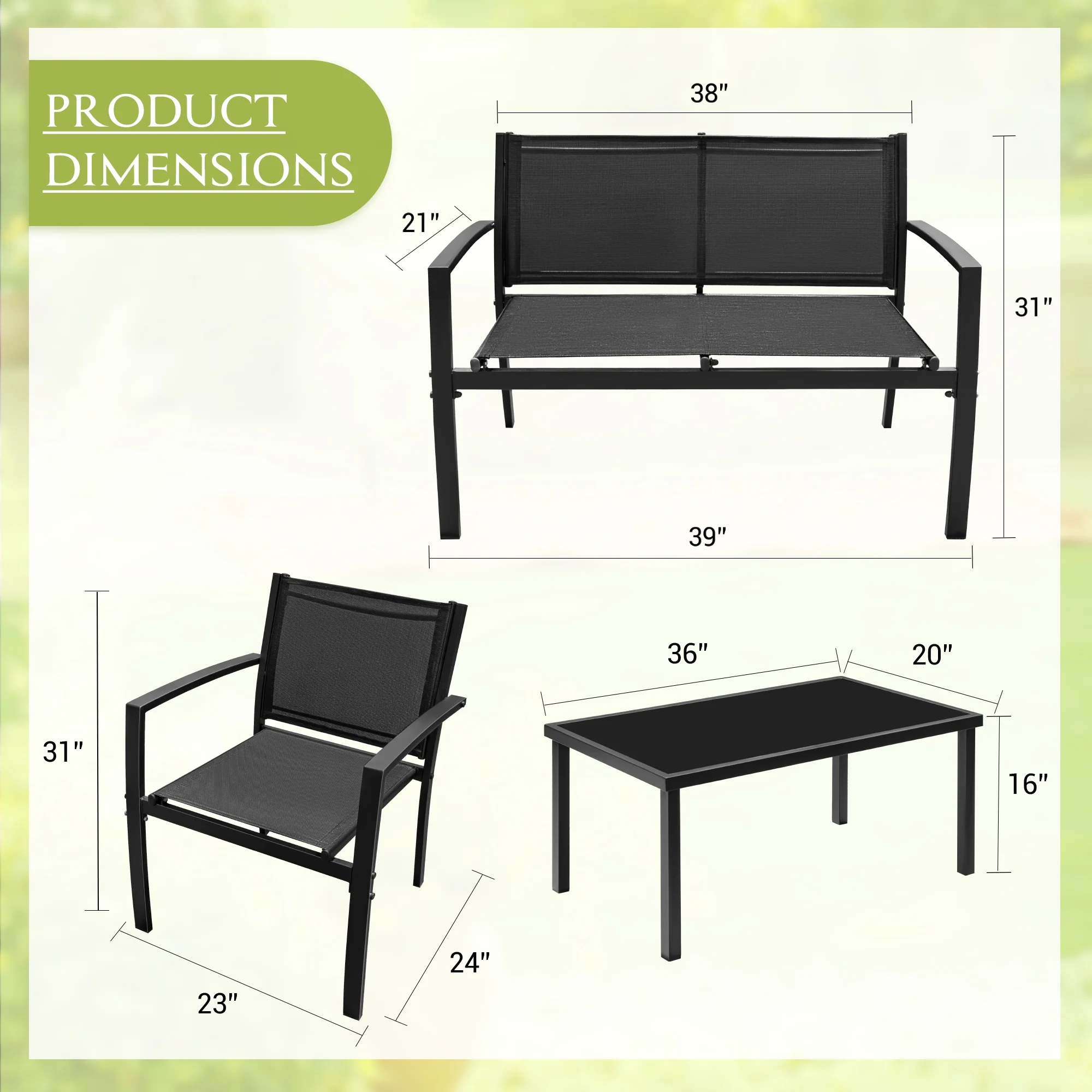 LACOO 4 Pieces Outdoor Furniture Set Patio Textilene Steel Conversation Set with Loveseat Tea Table for Lawn and Balcony, Black - Image 9