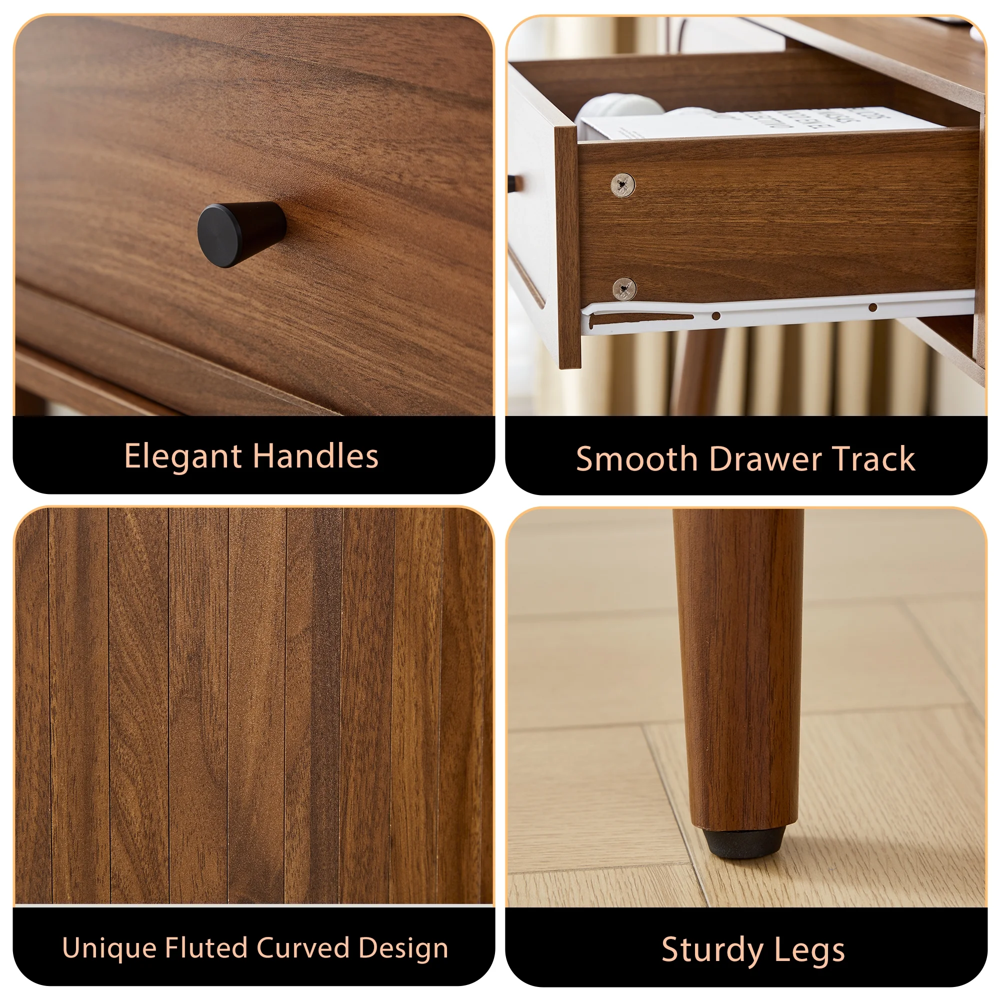 YOCWO Modern Home Office Desk with 2 Drawers and 2 Fflip-top Storage, Oval Computer PC Desk Table, Vanity Desk with Fluted Curved Table Edge, Walnut - Image 7