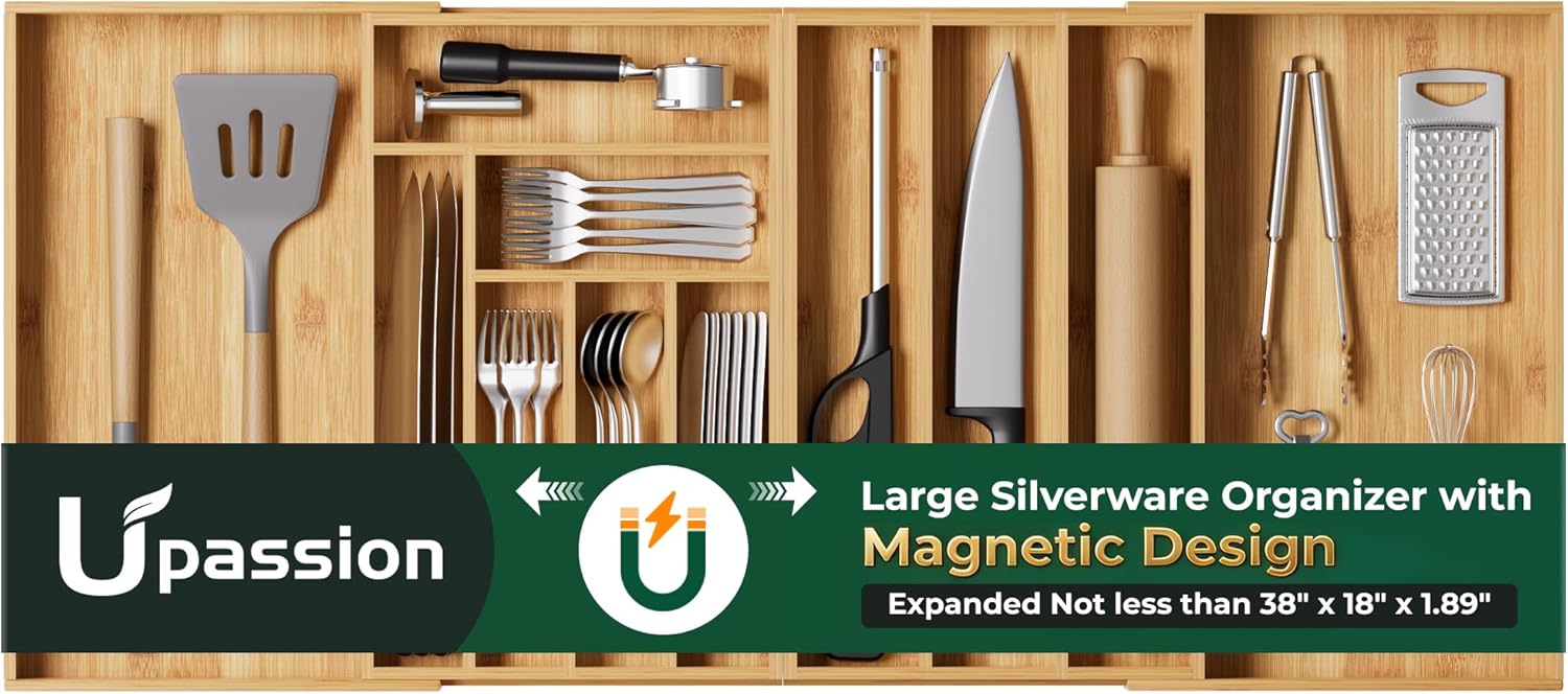 Large Silverware Organizer, 13 Slots Magnetic Connected Expandable Acacia Wood Utensil Drawer Organizer From 21 to 37.4 Inches, Adjustable Flatware and Cutlery Holder, Utensil Tray for Kitchen Natural