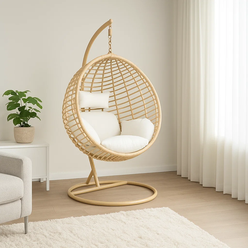 Sillón colgante de 1 plaza con estructura de metal color natural claro y acabado trenzado - YZPwMQB261Wx