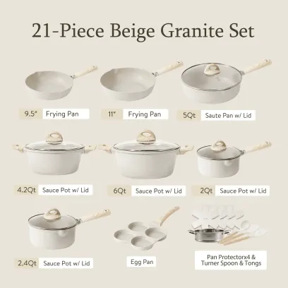Carote Non Stick Pots and Pans Set, 21 Pcs Induction Kitchen Cookware Sets (Beige Granite)