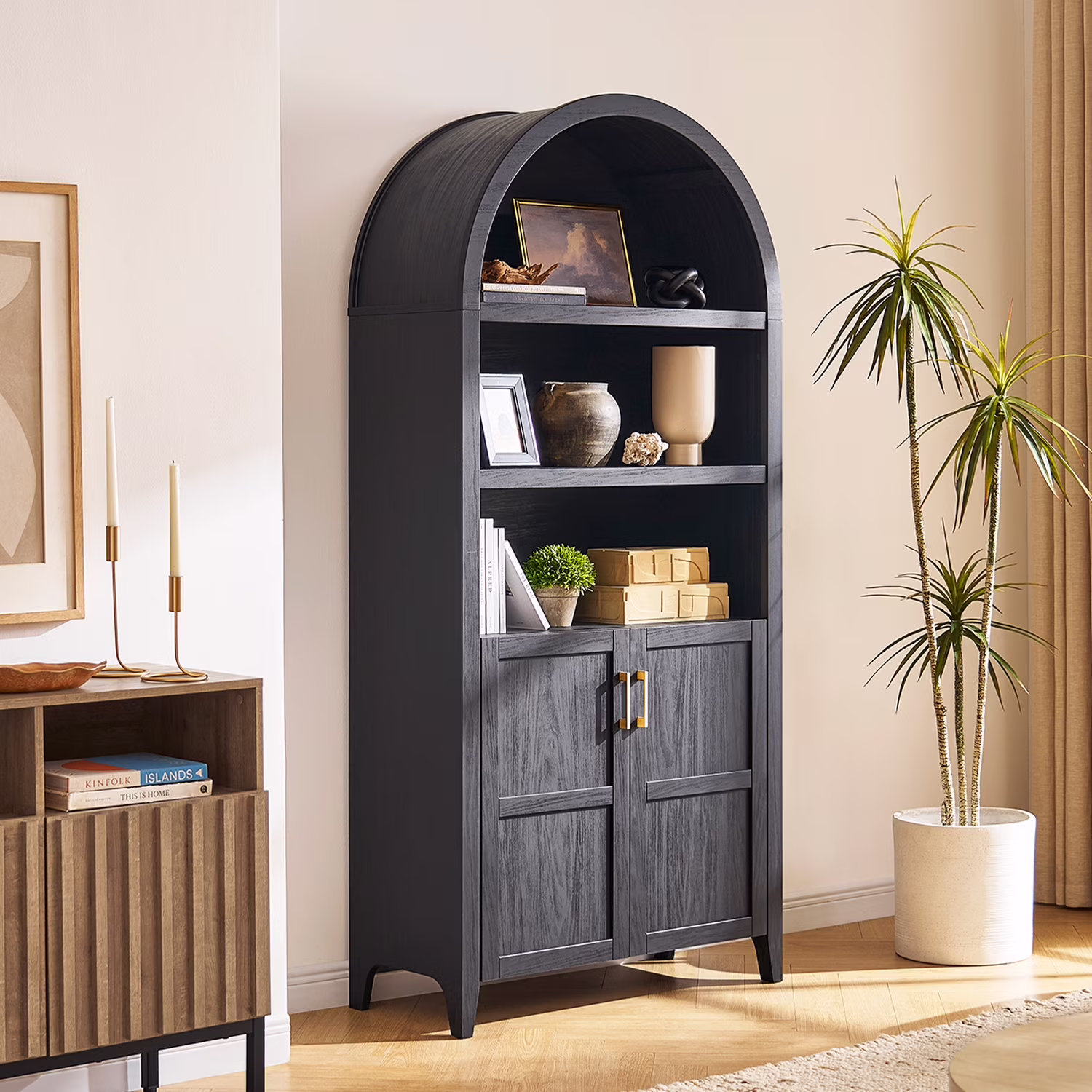 mopio Lauren 65.4" Arched Cabinet, 5-Tier Arched Bookcase with Doors and Shelves, Arched Bookshelf with Storage, Kitchen Pantry Cabinet, Wooden Storage Cabinet for Living Room, Kitchen (Oak) - Image 5