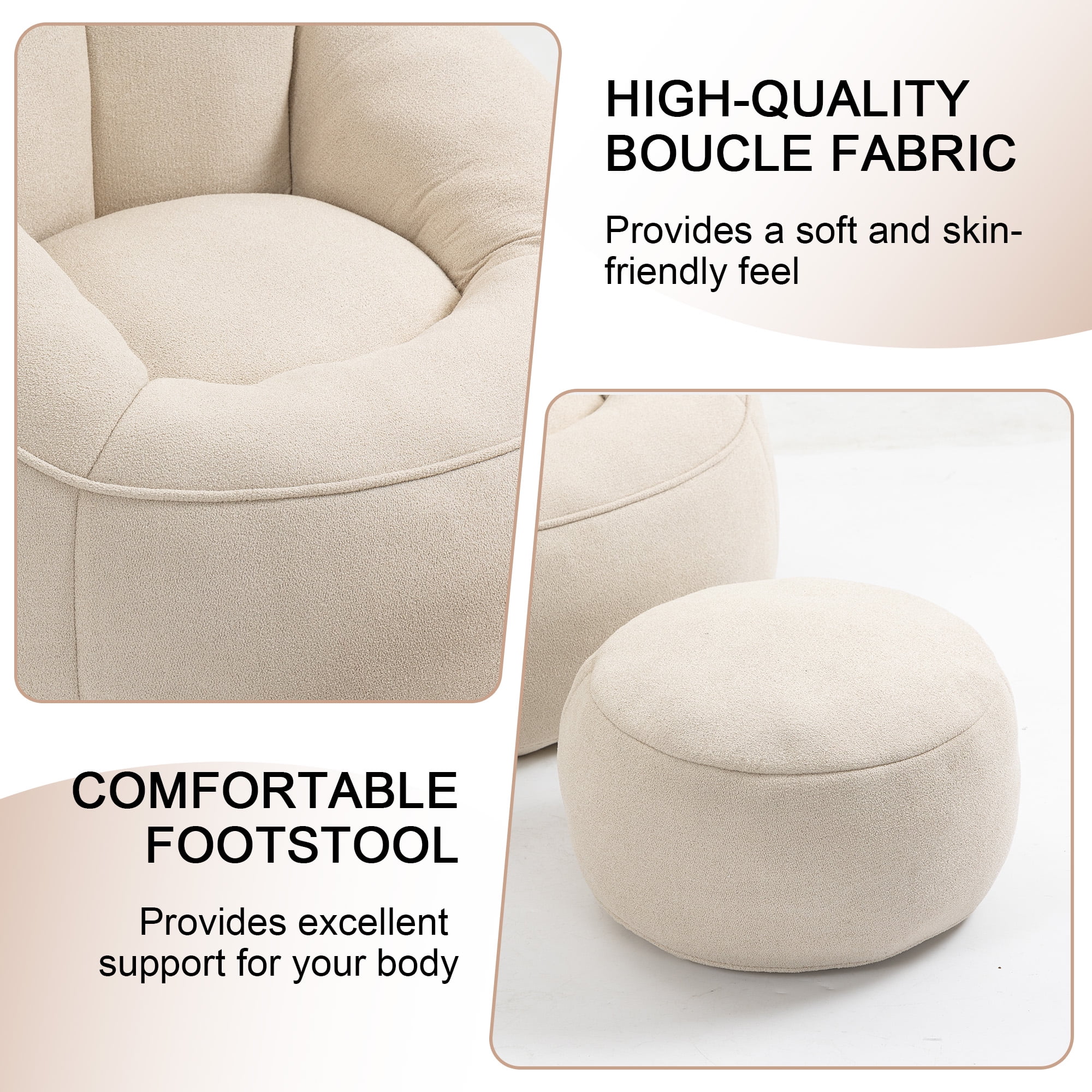 MOONMISS Microfiber Upholstered High Pressure Foam Round Lazy Bean Bag Sofa Chair with Ottoman-Gray - Image 30
