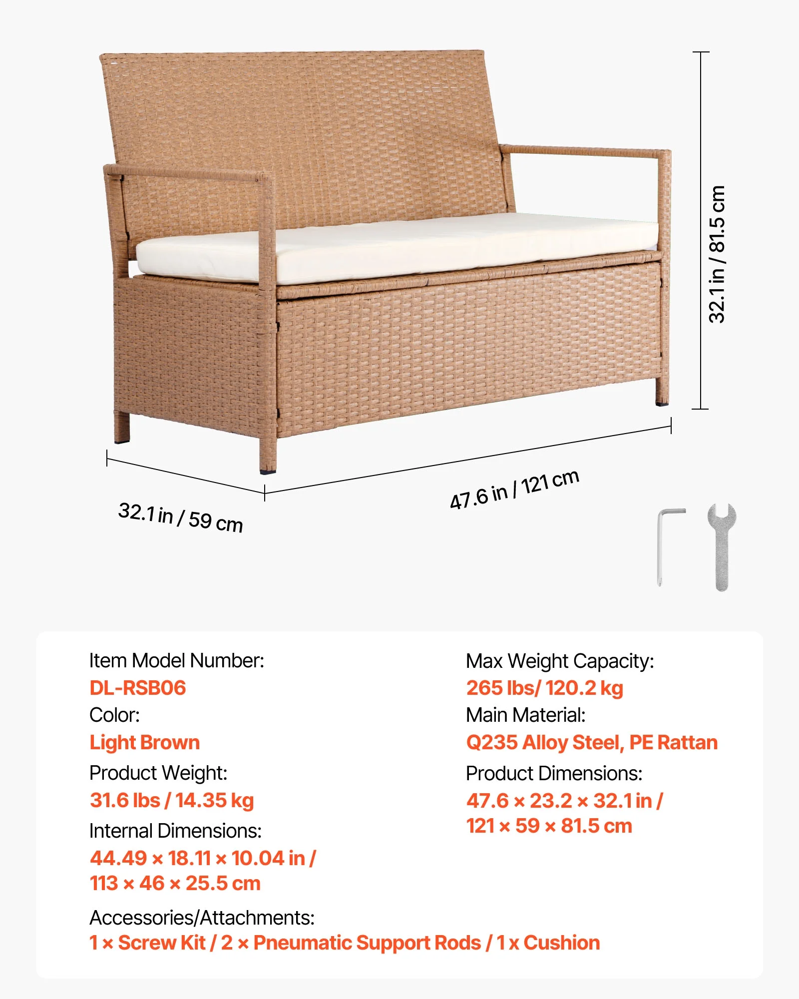 VEVOR Outdoor Storage Bench, 2-Person PE Rattan Storage Bench, 70 Gal Deck Box with Cushion, Supports up to 265 lbs, Weatherproof Outdoor Seating & Porch Decor for Patio Garden Balcony Yard - Image 7