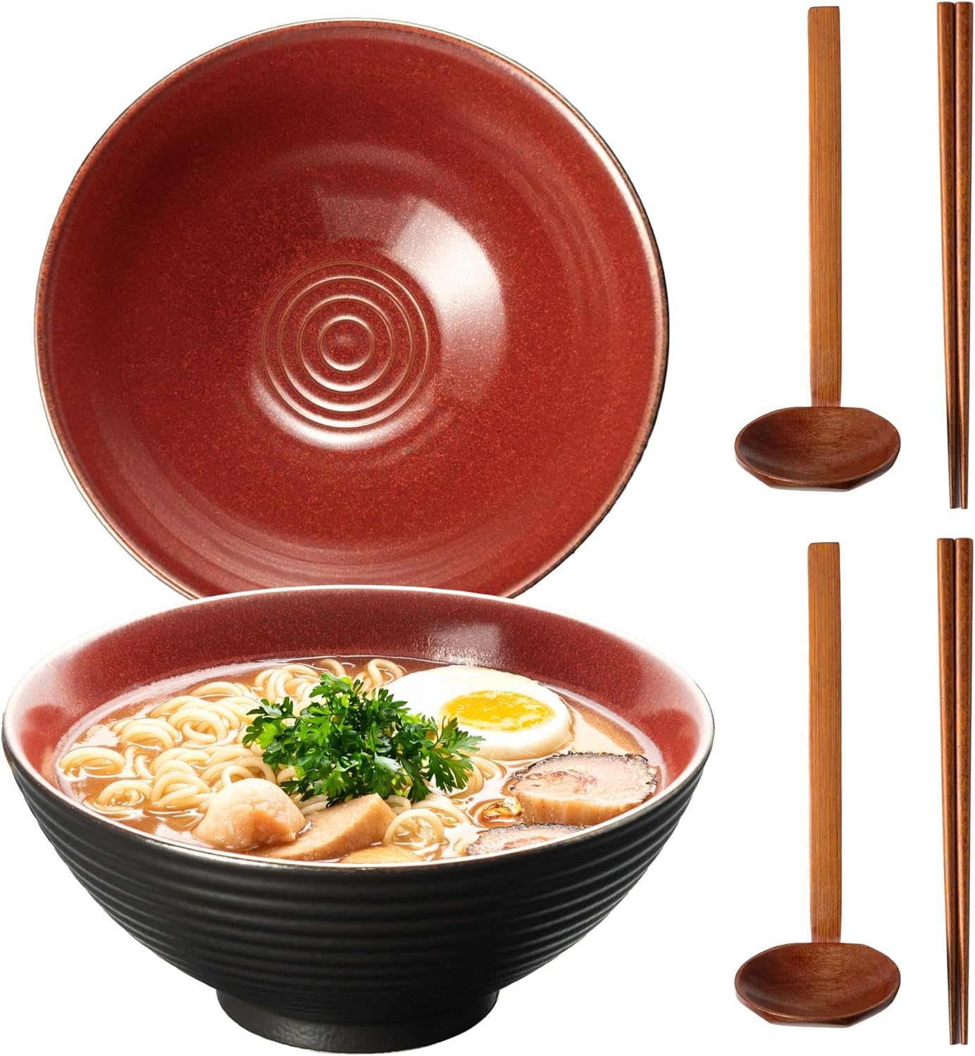 8 Inch 40oz Large Japanese Ramen Bowl Set of 2,Material Safety Ceramic Ramen Bowls with Matching Chopsticks and Spoons, Pho Bowls Ramen Noodle Bowl for Asian Udon Soup Salad Cereal(Red)