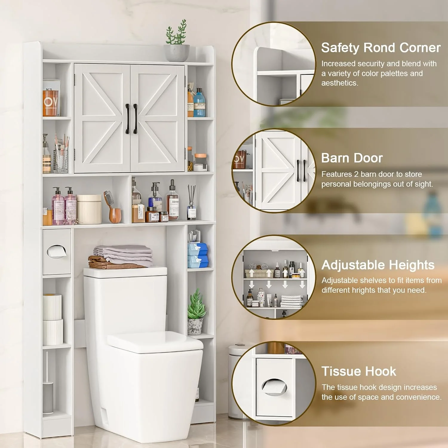 Vabches Over The Toilet Storage Cabinet, Freestanding Bathroom Space Saver with Adjustable Shelf and 2 Doors - Image 13