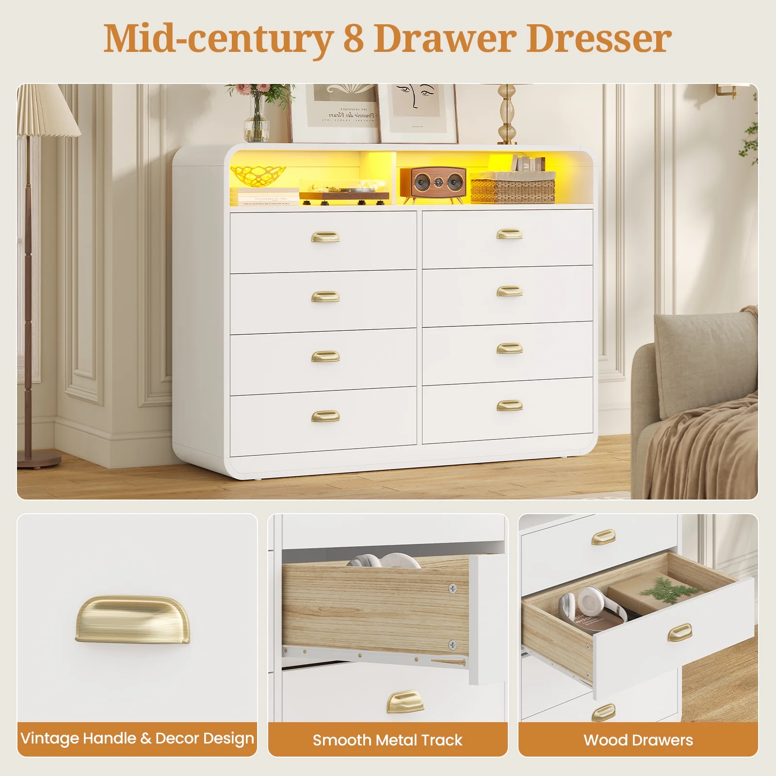 8 Drawers Dresser, Modern Chests Of Drawers with LED Lights, Curved Design for Living Room, Bedroom, White - Image 6