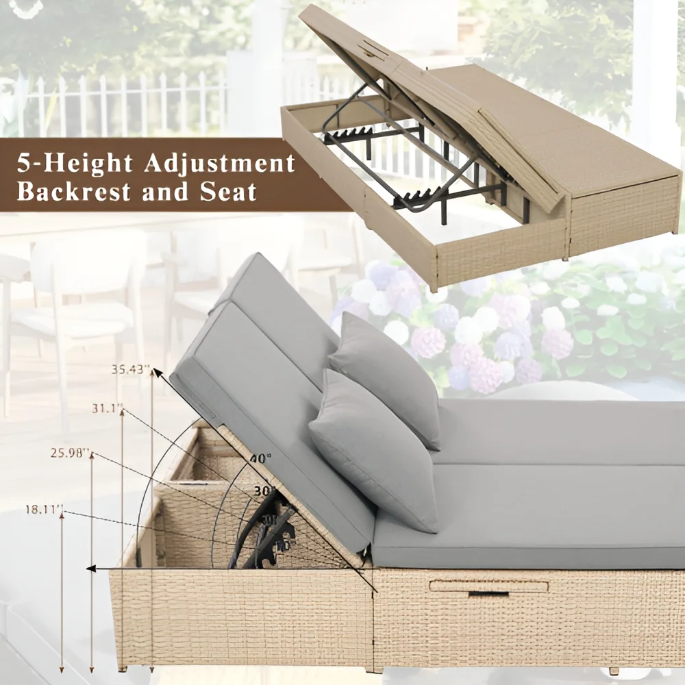 Harper & Bright Designs Rattan Outdoor Double Lounge Chaise 2-Person PE Wicker Outdoor Patio Sunbed with Canopy Cover for Backyard Garden Balcony, Beige+Black - Image 38
