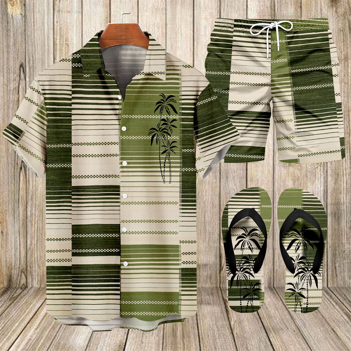 Suitmens Men's Hawaiian Bowling Print Shirt Three-Piece Set 048