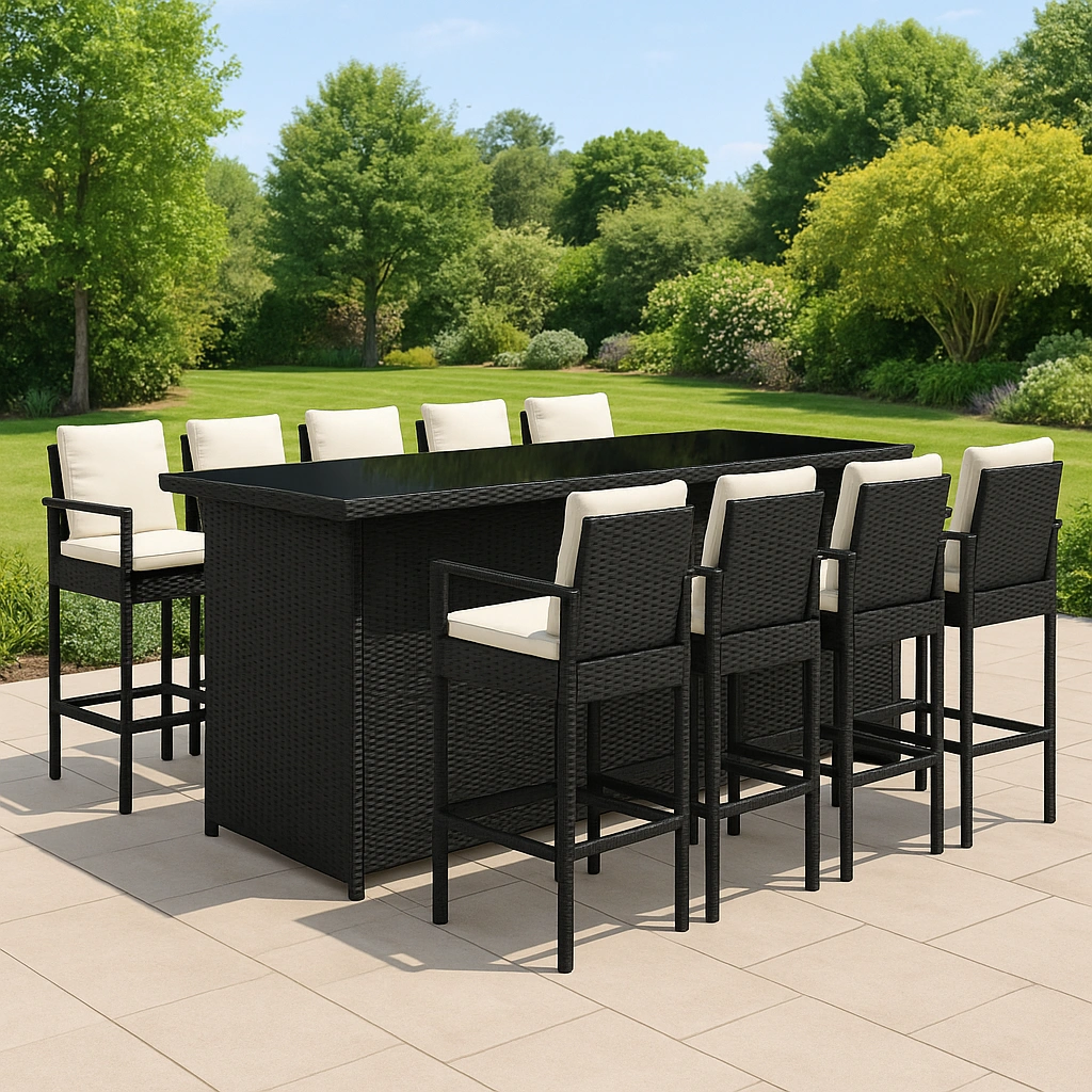Conjunto de muebles de bar exterior negro con cojines crema de ratán sintético para jardín