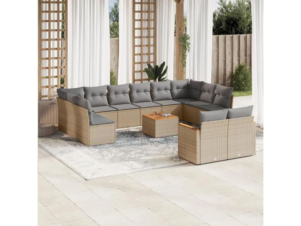 Set sofás de jardín con cojines 13 piezas ratán sintético beige