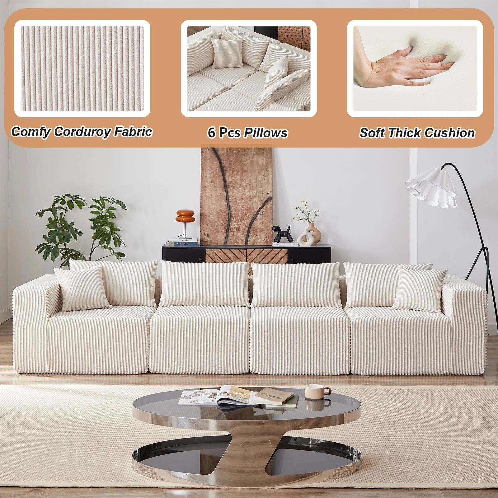104-Inch Corduroy Modular L Shaped Sectional Sofa,Luxury Floor Couch Set,Upholstered Indoor Furniture,Foam-Filled Compressed Sofa for Living Room,Bedroom,4 PC Free Combination ? - Image 4