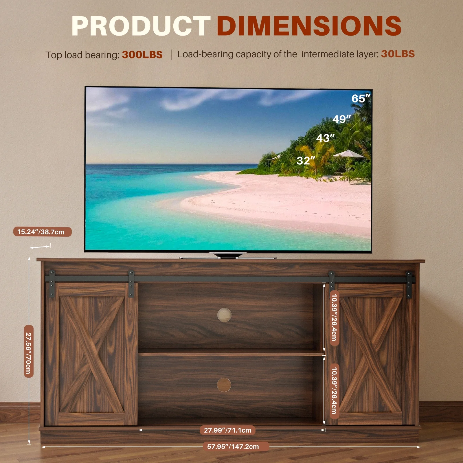 GIANNA TV Stand for Televisions up to 65 Inch, Entertainment Center with Sliding Barn Doors, Storage Cabinets and Media Shelves, Living Room Console Table, White - Image 10