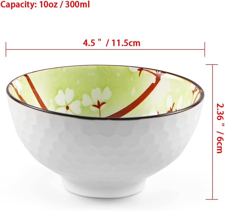 Ceramic Rice Bowls 10 oz, Sakura Bowl Gift Set, Assorted Color Dinnerware Serving Bowls for Rice, Cereal, Noodle, Soup, Desserts, Pack of 6 (Cherry Blossom)
