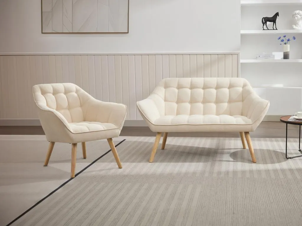 Sofá de 2 plazas y sillón de tela beige Decopractico 21896RSQO