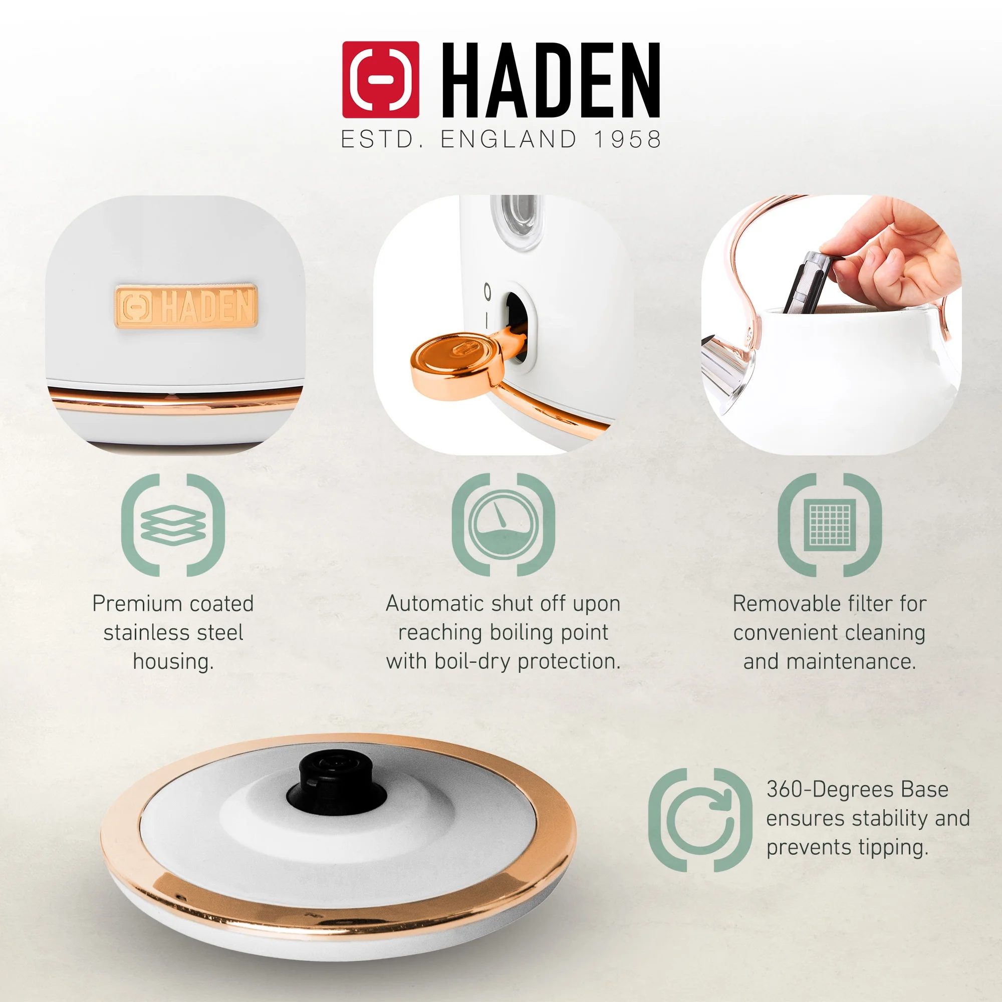 Haden Heritage 1.7 Liter Electric Kettle with 2 Slice Bread Toaster, White - Image 48