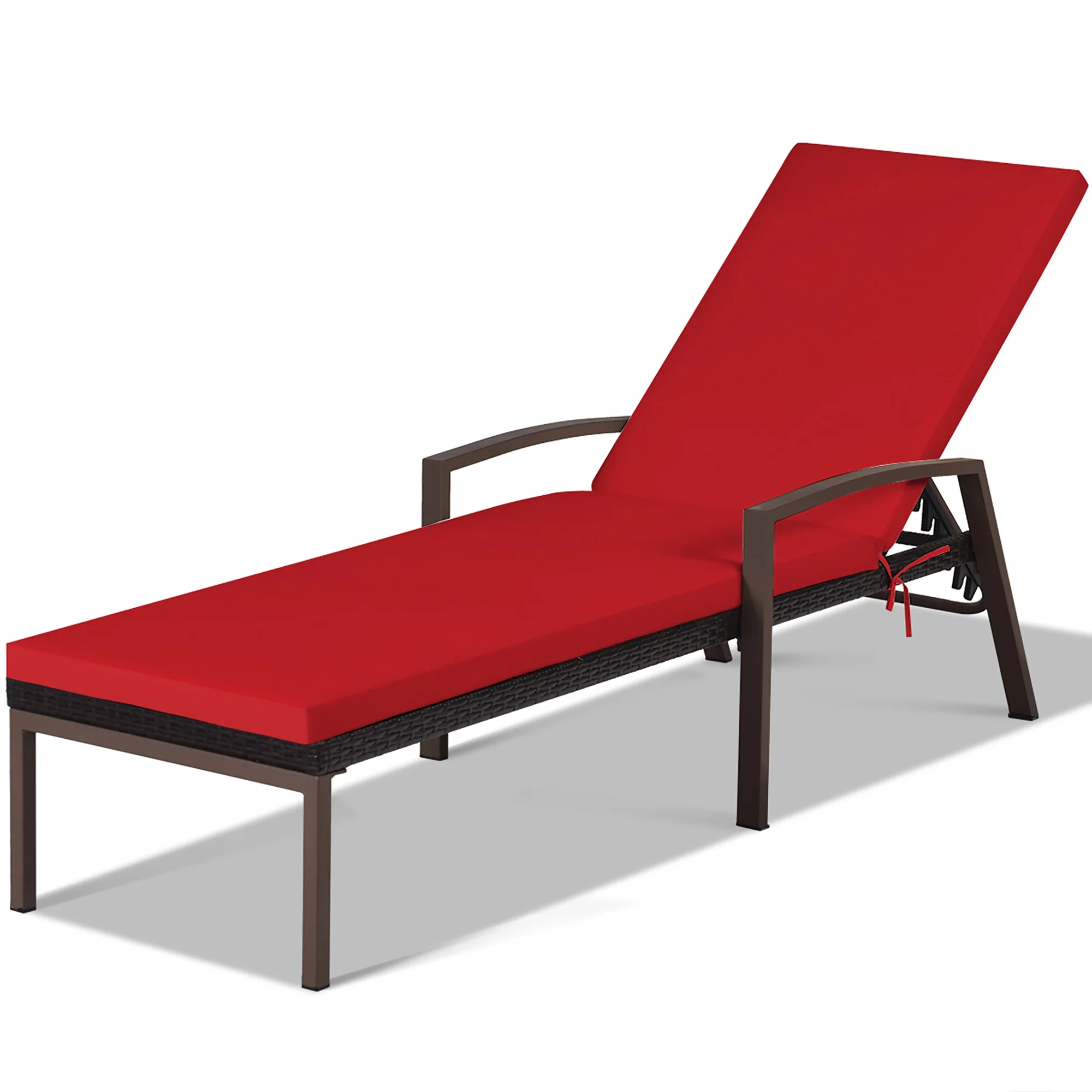Costway 2PCS Patio Rattan Lounge Chair Chaise Recliner Back Adjustable Cushioned Red - Image 12