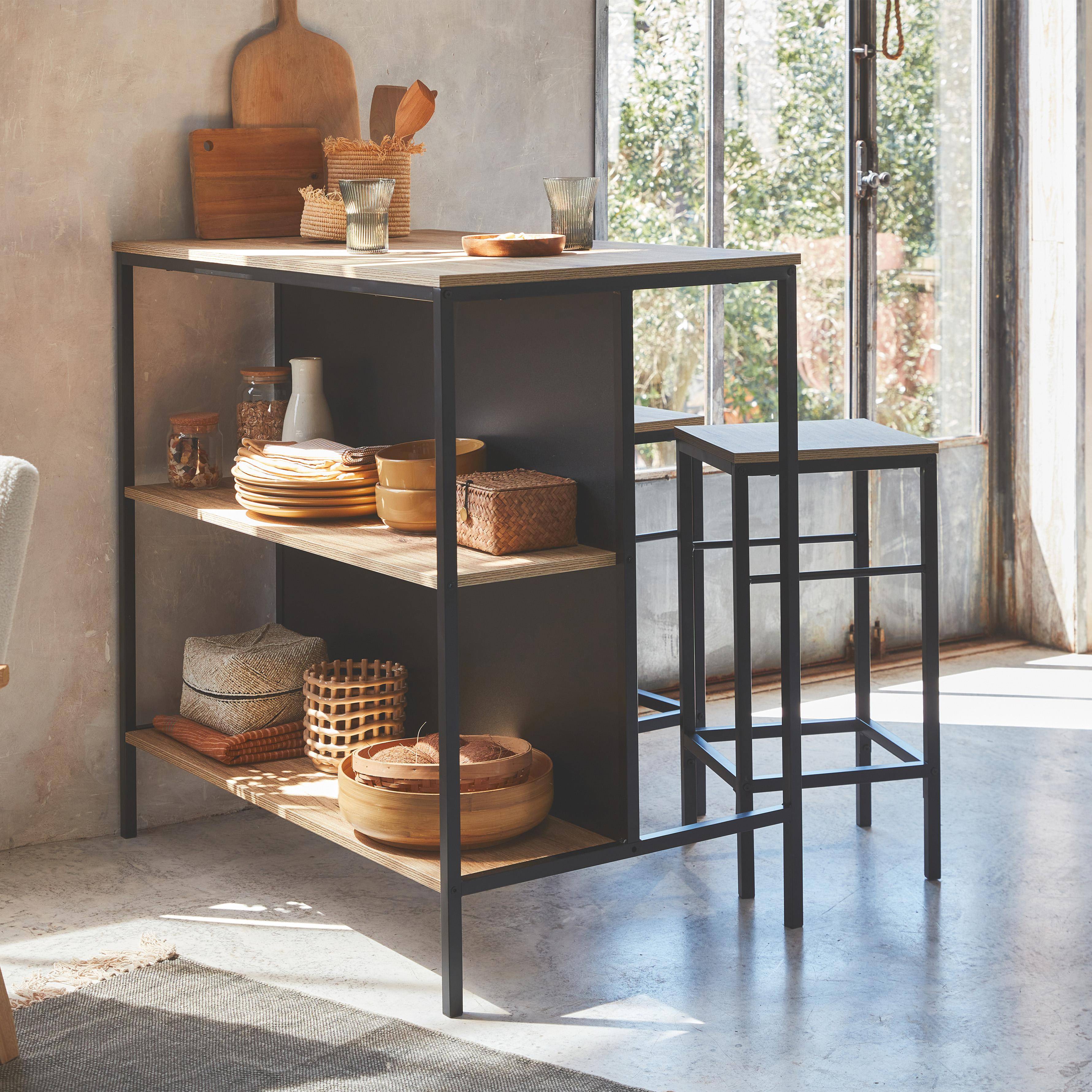 Loft - Mesa alta de madera y metal, 2 estantes, 2 taburetes
