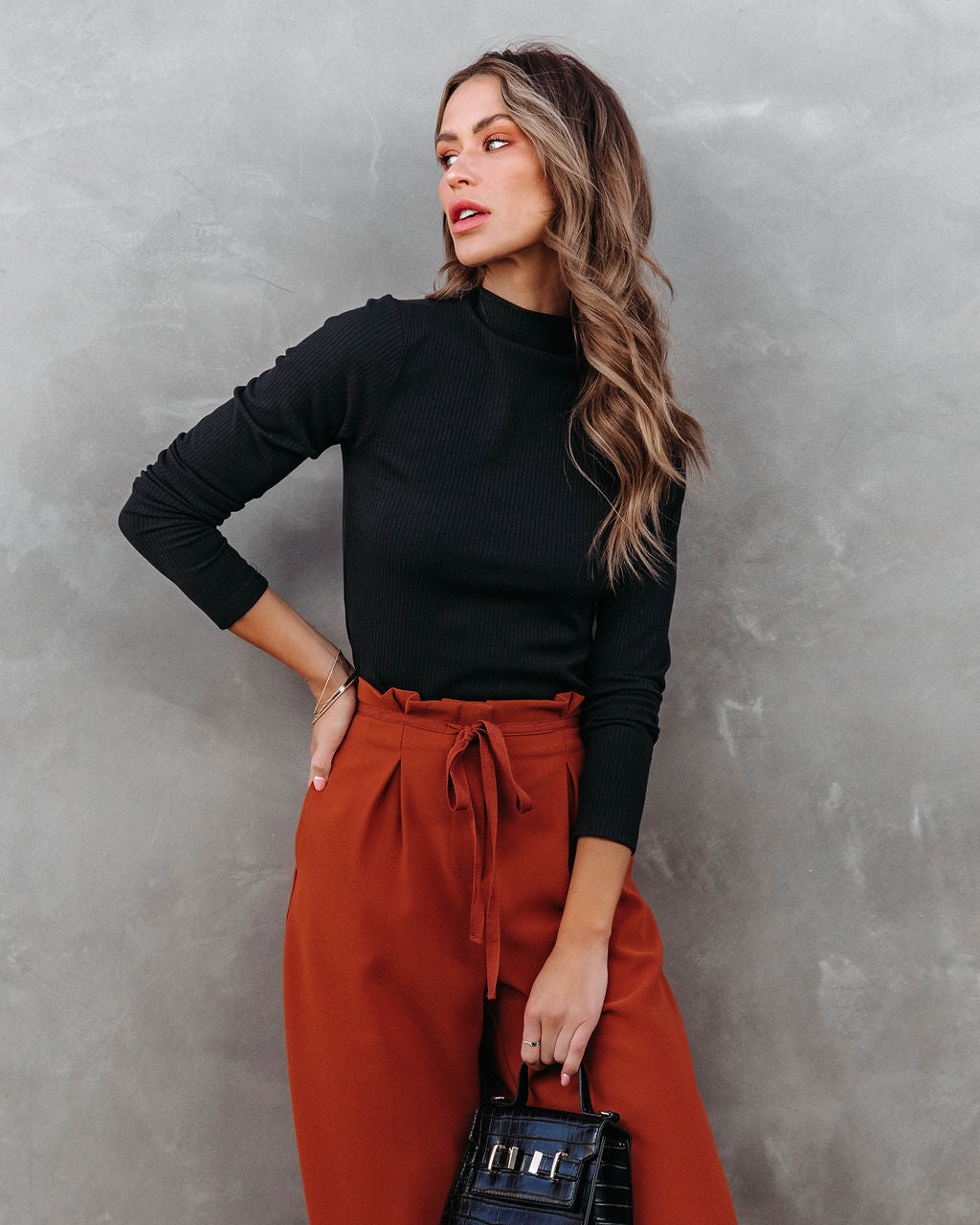 Never Average Mock Neck Ribbed Long Sleeve Top - Black - Se7enfashion