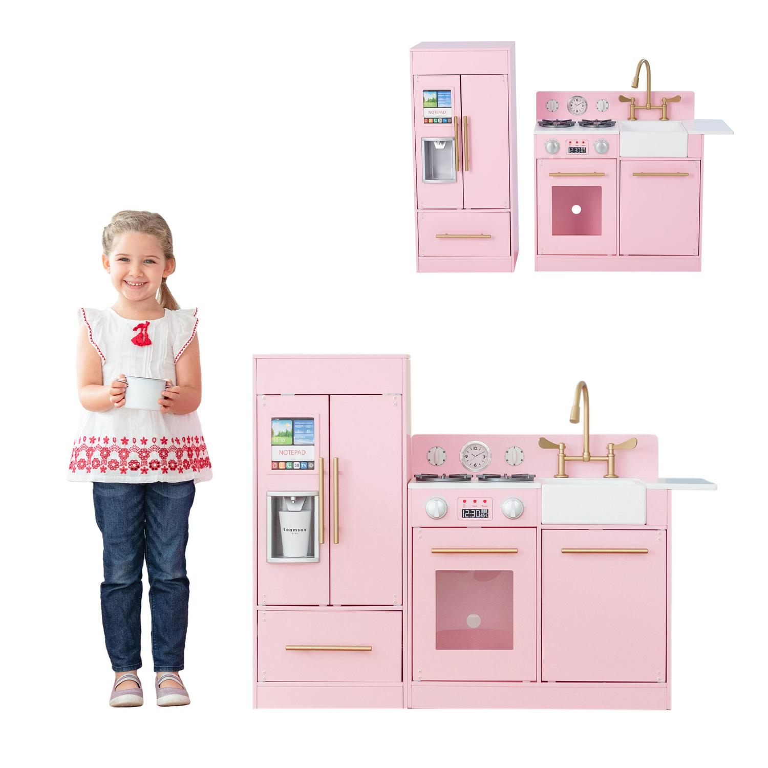 Teamson Kids Little Chef Charlotte Wooden Play Kitchen Set for Toddlers. Pretend Cooking Playset with Stove. Sink & Fridge. Pink/Gold - Image 4