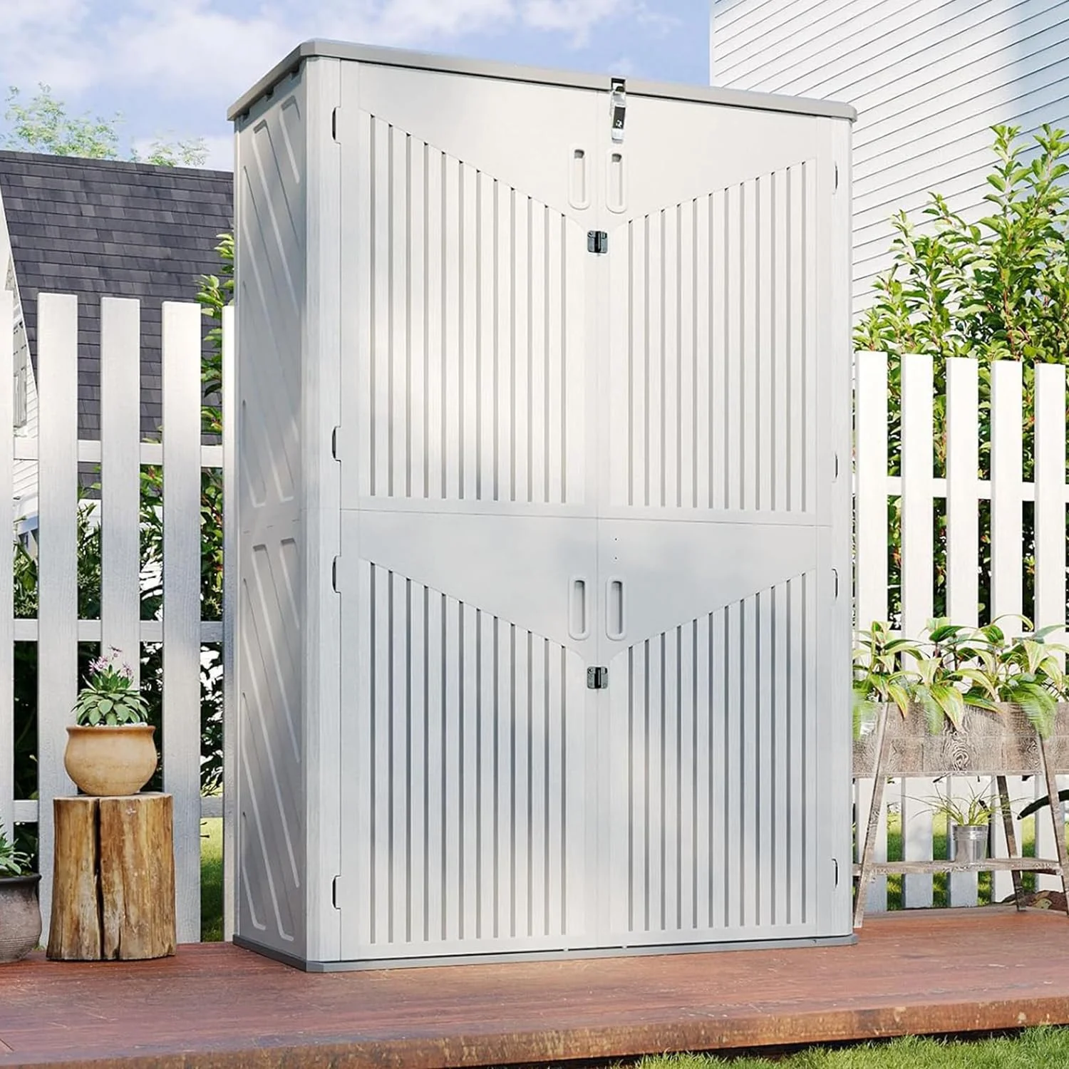 Aoxun Outdoor Storage Shed, 64 Cu.Ft Vertical Storage Sheds Outdoor with Floor, Outdoor Waterproof Storage Cabinet for Garage Storage, Pool Storage, Bike Shed, Garden Shed, Outdoor Storage(White) - Image 8