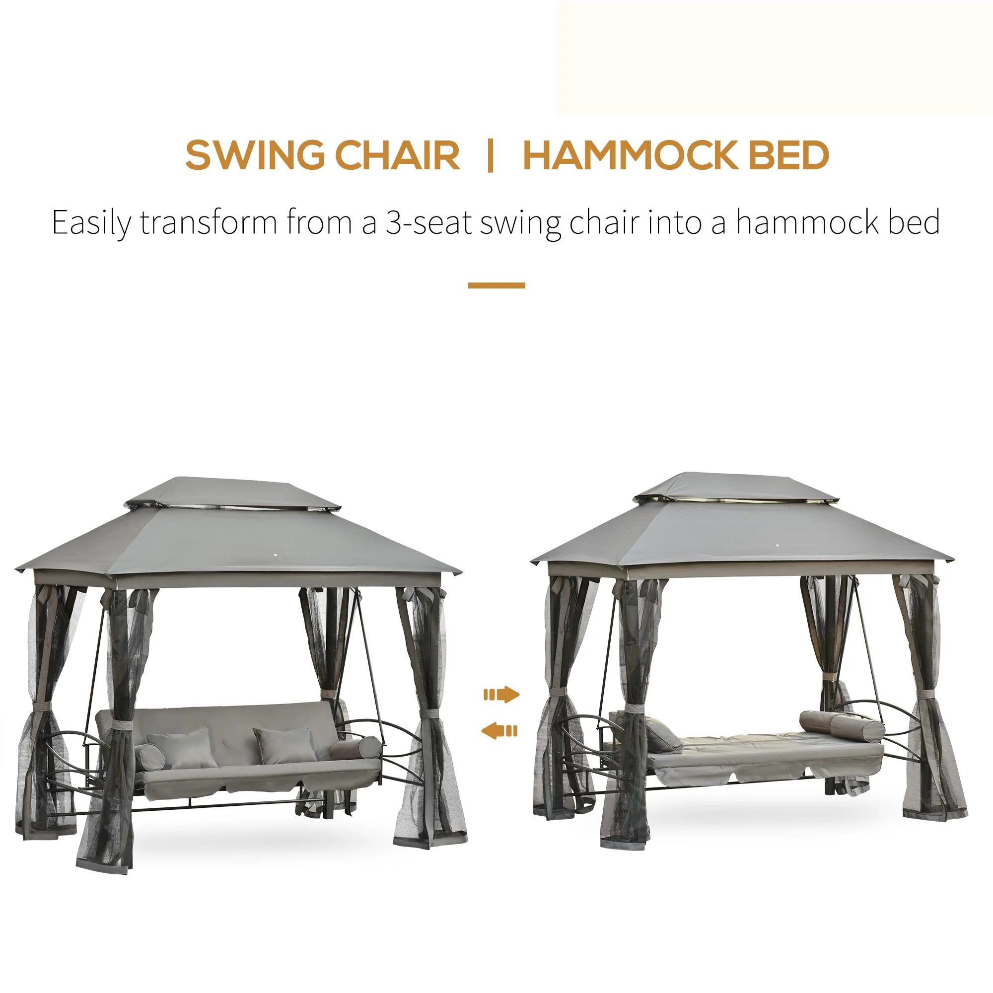 Outsunny 3 Person Patio Swing Chair, Gazebo Swing with Double Tier Canopy, Cushioned Seat, Mesh Sidewalls, gray - Image 4