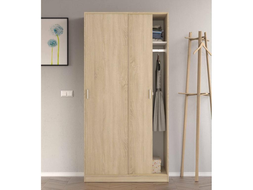 Armario Lansing, Armario de dormitorio con 2 puertas correderas, Armario con estante y barra para ropa, 100x50h200 cm, Roble