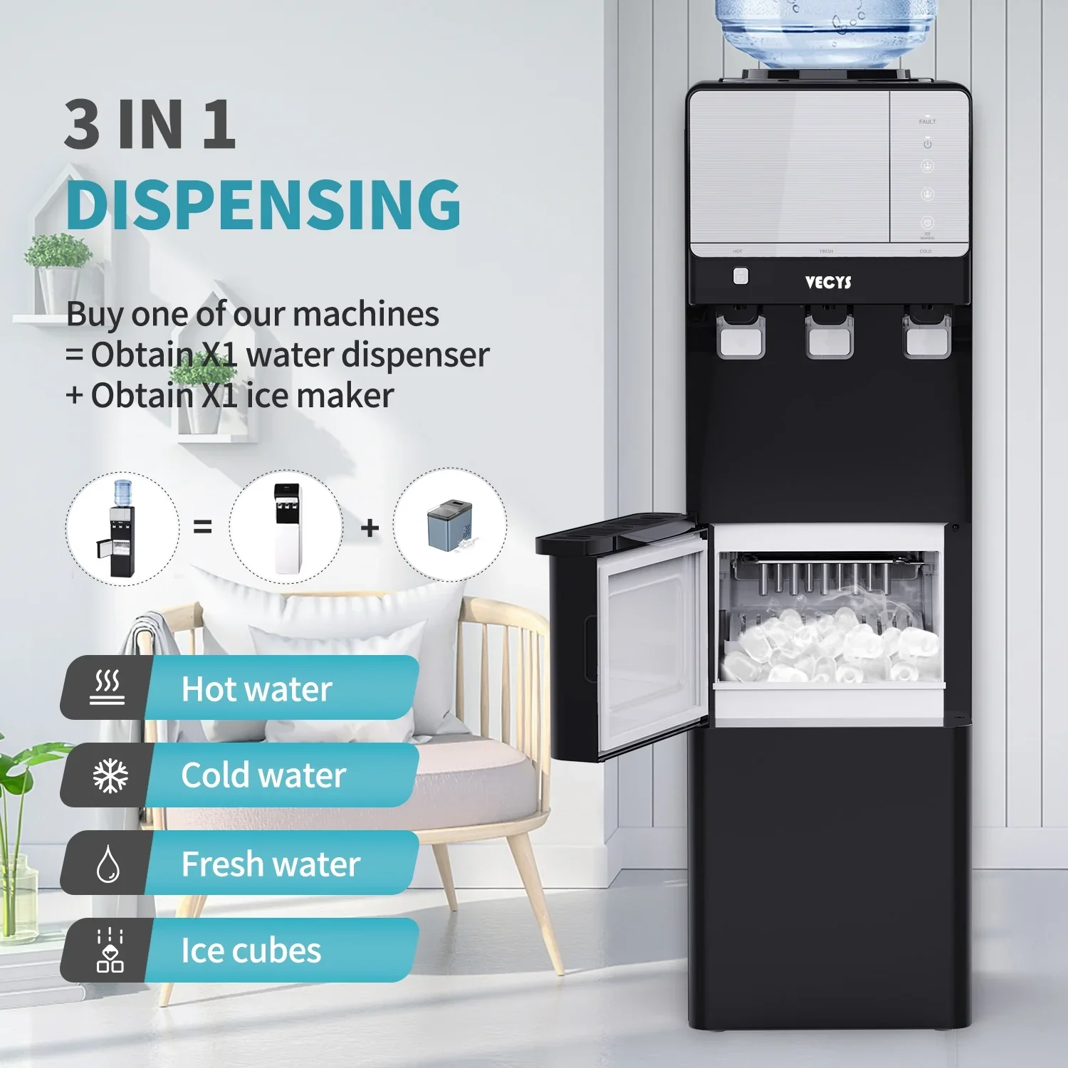 VECYS 3 5 gal Water Dispenser with Ice Maker, 27LBS Daily Ice & Child Lock