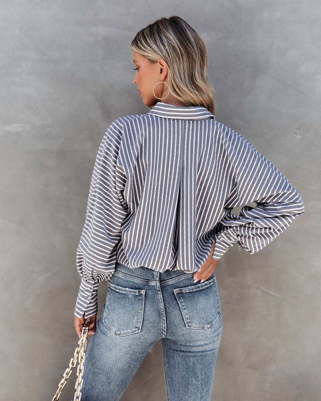 Classic Moment Striped Button Down Top - Charcoal - Se7enfashion